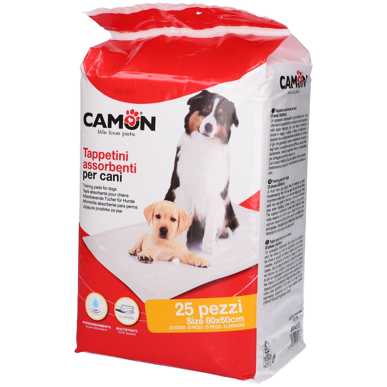 Verpackung mit 25 saugfähigen Tüchern für Hunde. Marke CAMON. Abmessungen 60x60cm. Abbildung von Hunden.