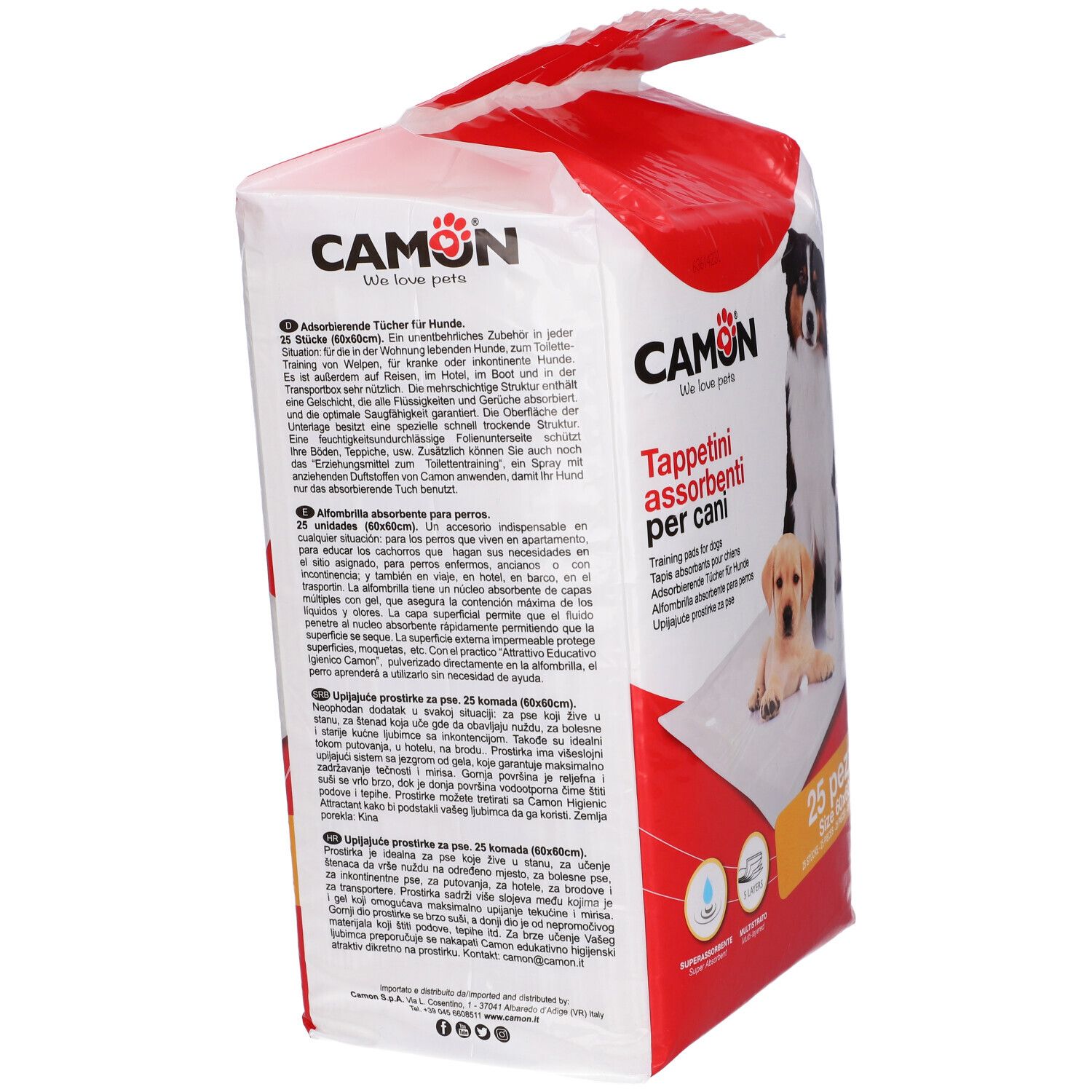 Verpackung mit 25 saugfähigen Tüchern für Hunde. Marke CAMON. Text und Abbildung von Hunden.