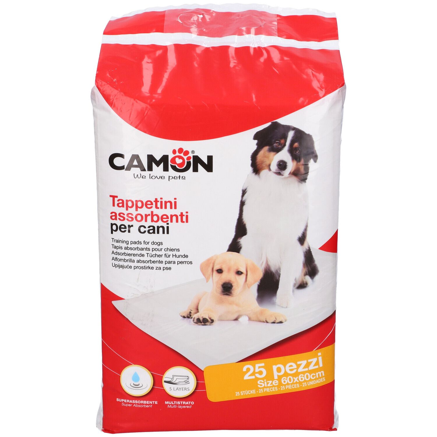Verpackung mit 25 saugfähigen Tüchern für Hunde. Marke CAMON. Abmessungen 60x60cm. Abbildung von Hunden.