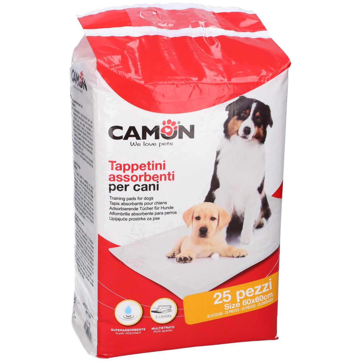Verpackung mit 25 saugfähigen Tüchern für Hunde. Marke CAMON. Text und Abbildung von Hunden.
