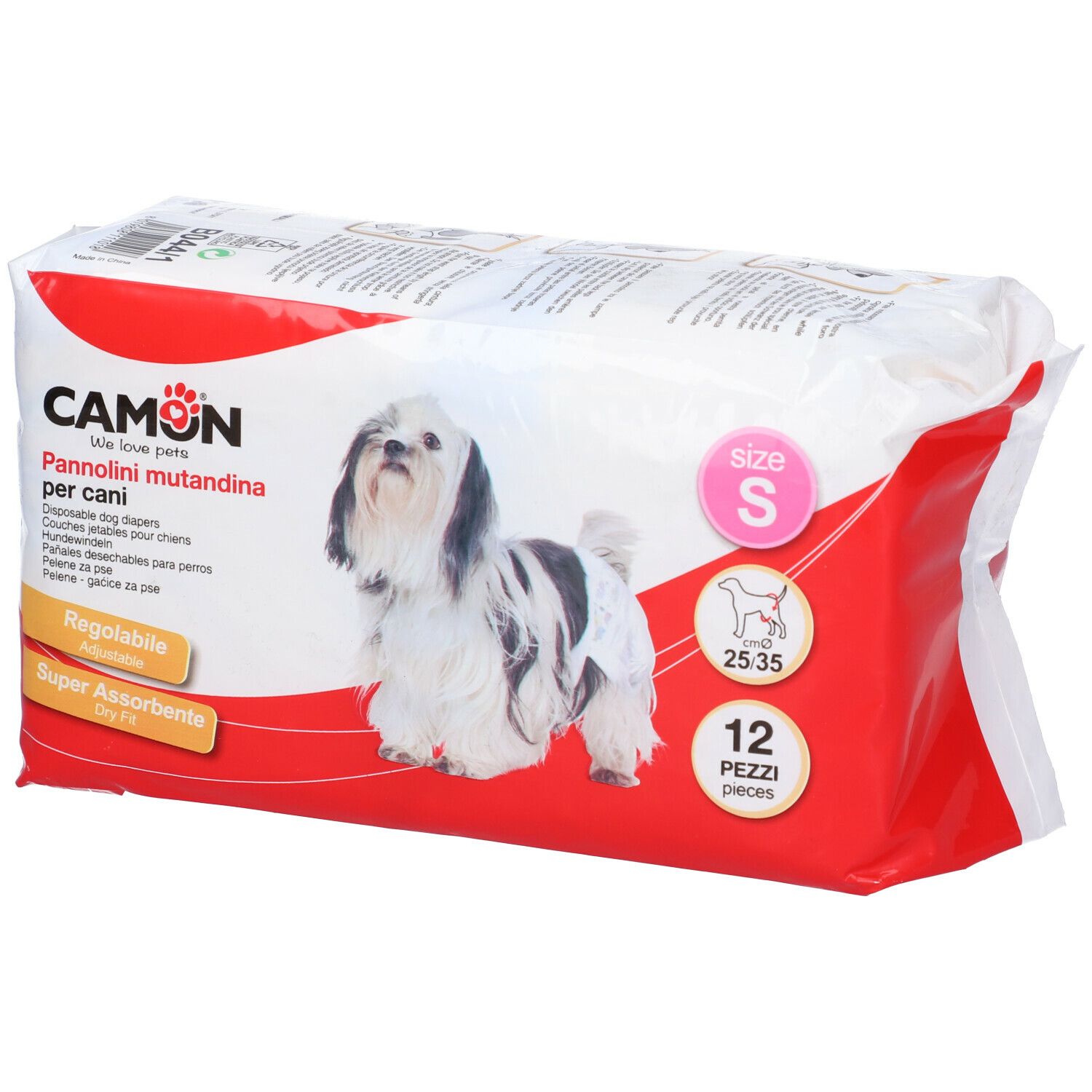 Confezione di pannolini per cani Camon, taglia S, 12 pezzi. Immagine di cane e informazioni sul prodotto.
