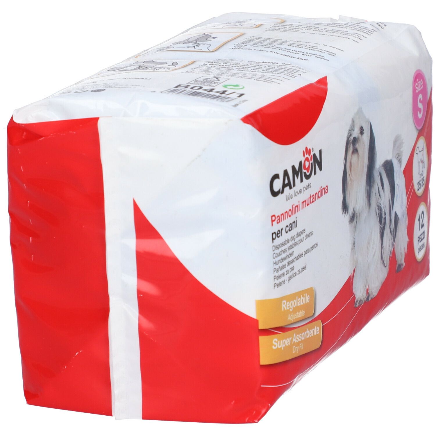 Confezione di pannolini per cani Camon, taglia S. Confezione rossa e bianca con informazioni sul prodotto.