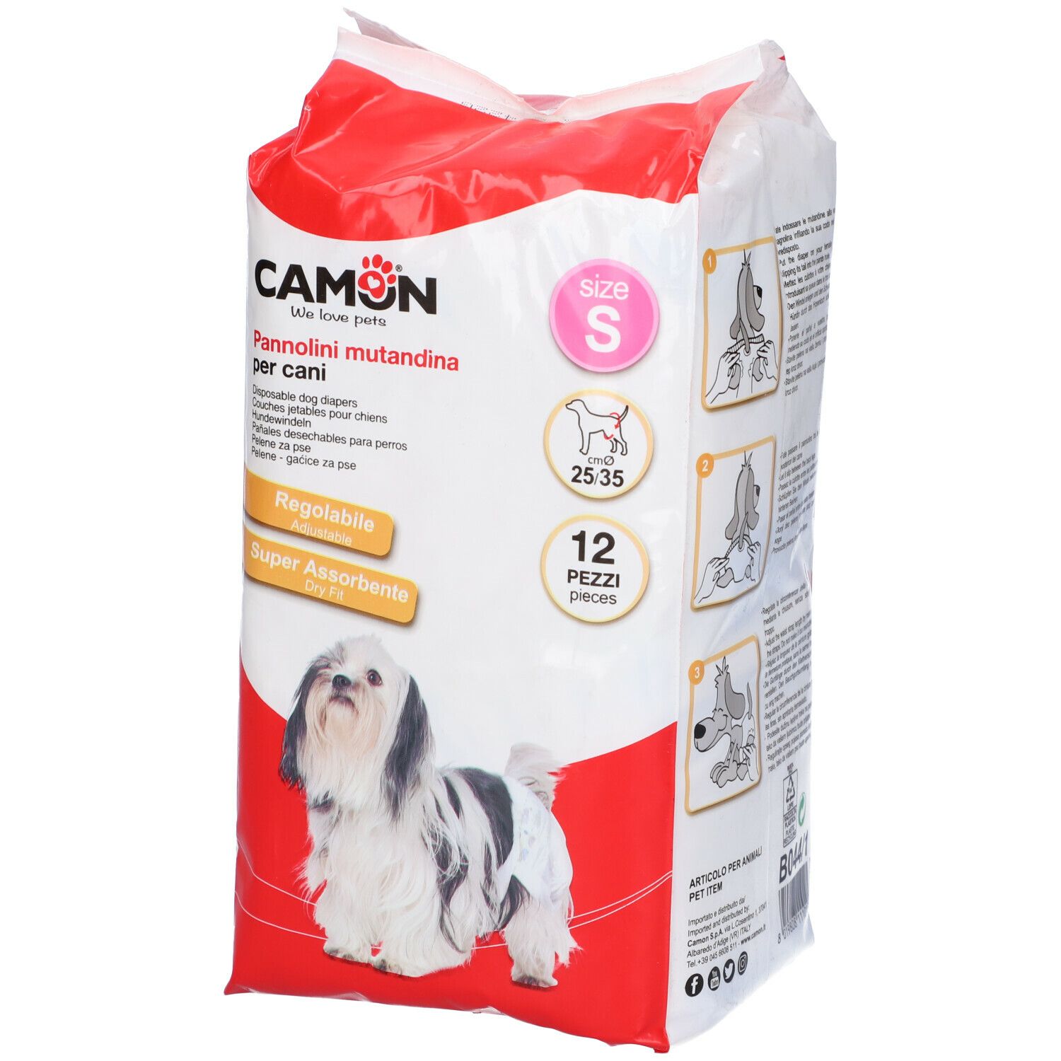 Confezione di pannolini per cani Camon, taglia S, 12 pezzi. Confezione rossa e bianca con informazioni e cane.