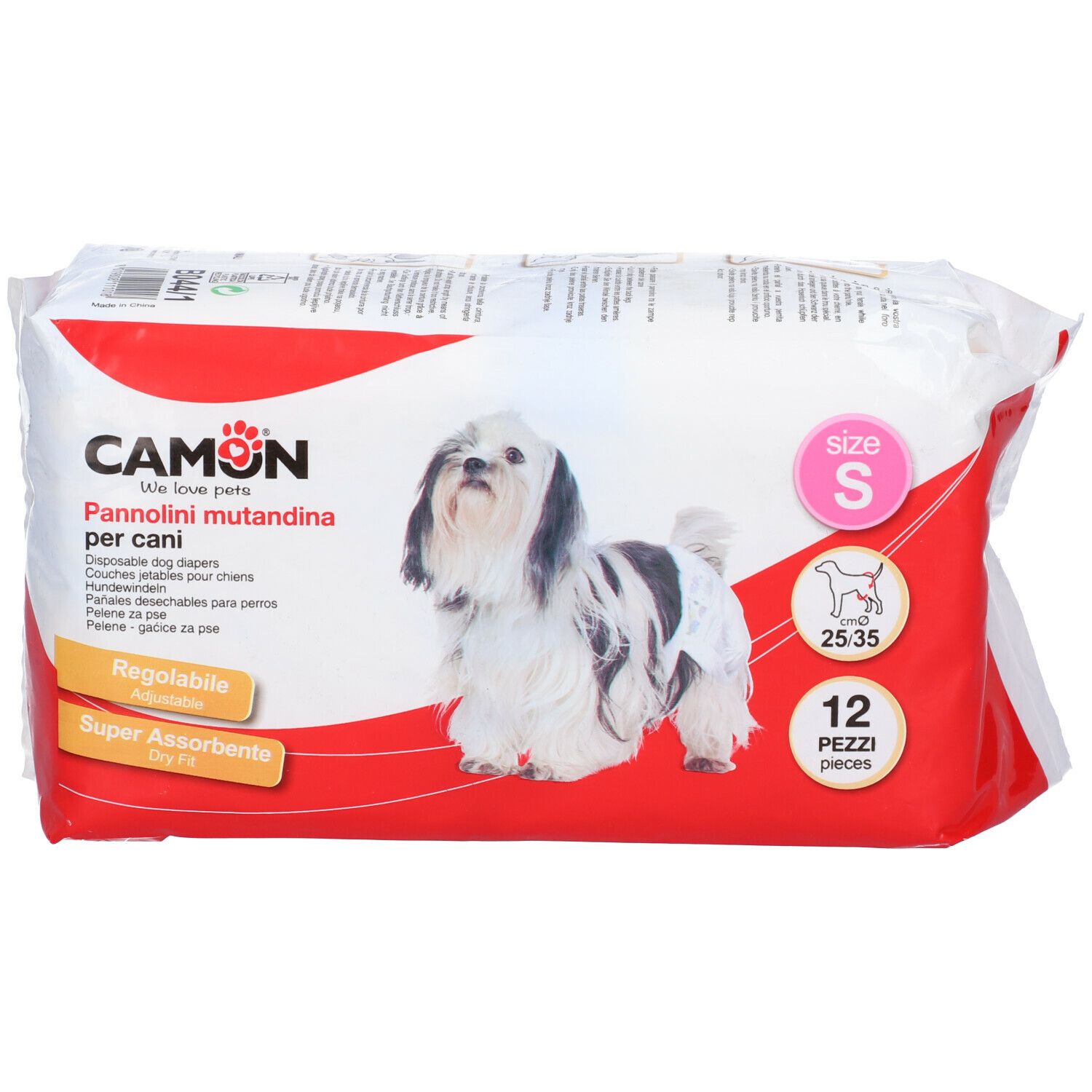 Camon Pannolini Mutandina per cani, taglia S, 12 pezzi. Confezione rossa e bianca con cane e informazioni.