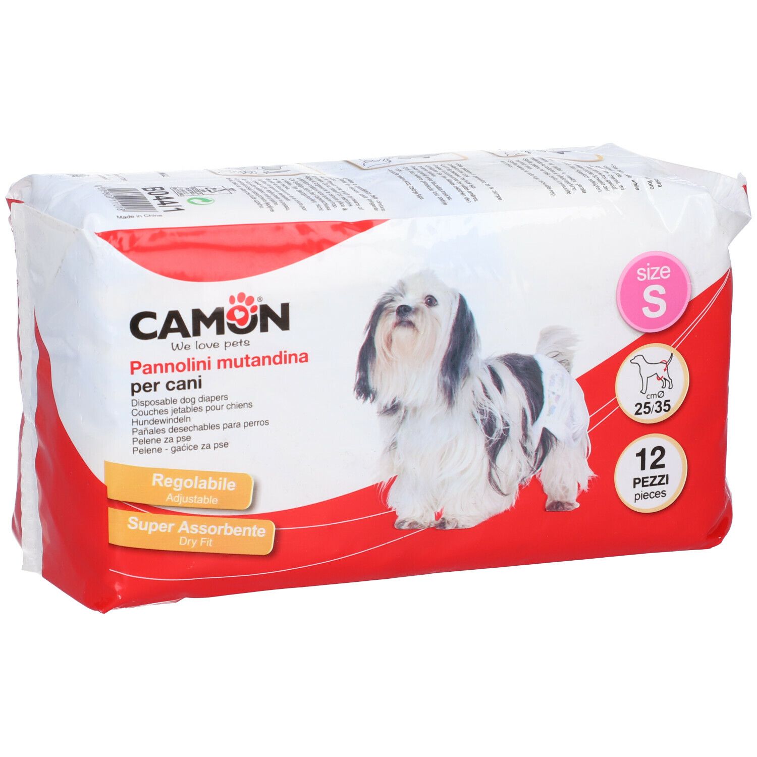 Camon Pannolini Mutandina per cani, taglia S, 12 pezzi. Confezione rossa e bianca con cane e informazioni.