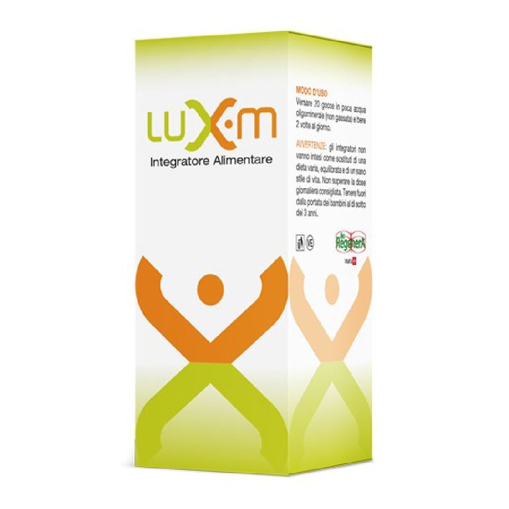Scatola con stampa del prodotto. Scritta: Luxm, Integratore Alimentare. Logo con figura.