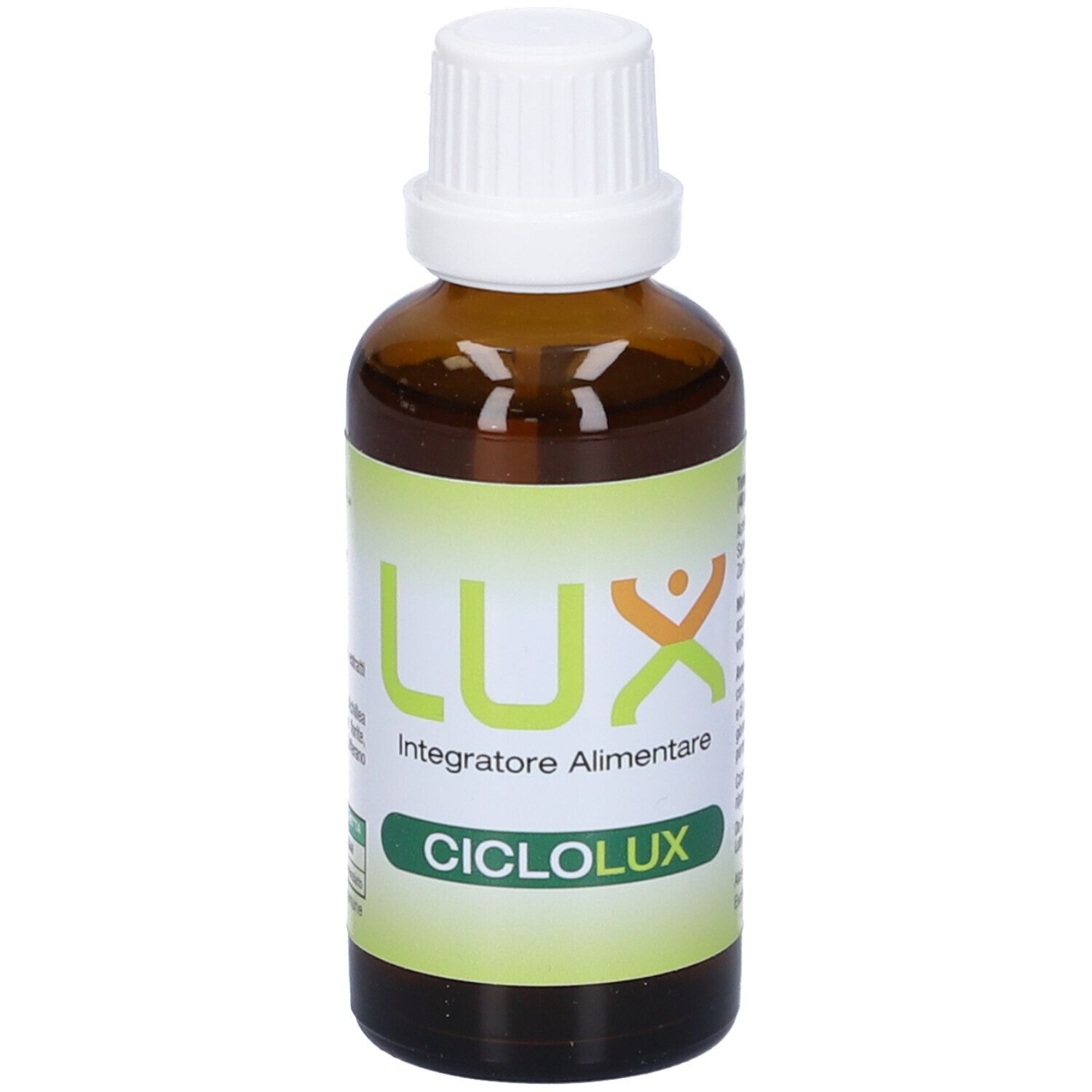 Flacone di vetro marrone con tappo bianco. Scritta: LUX, Integratore Alimentare, CICLOLUX.