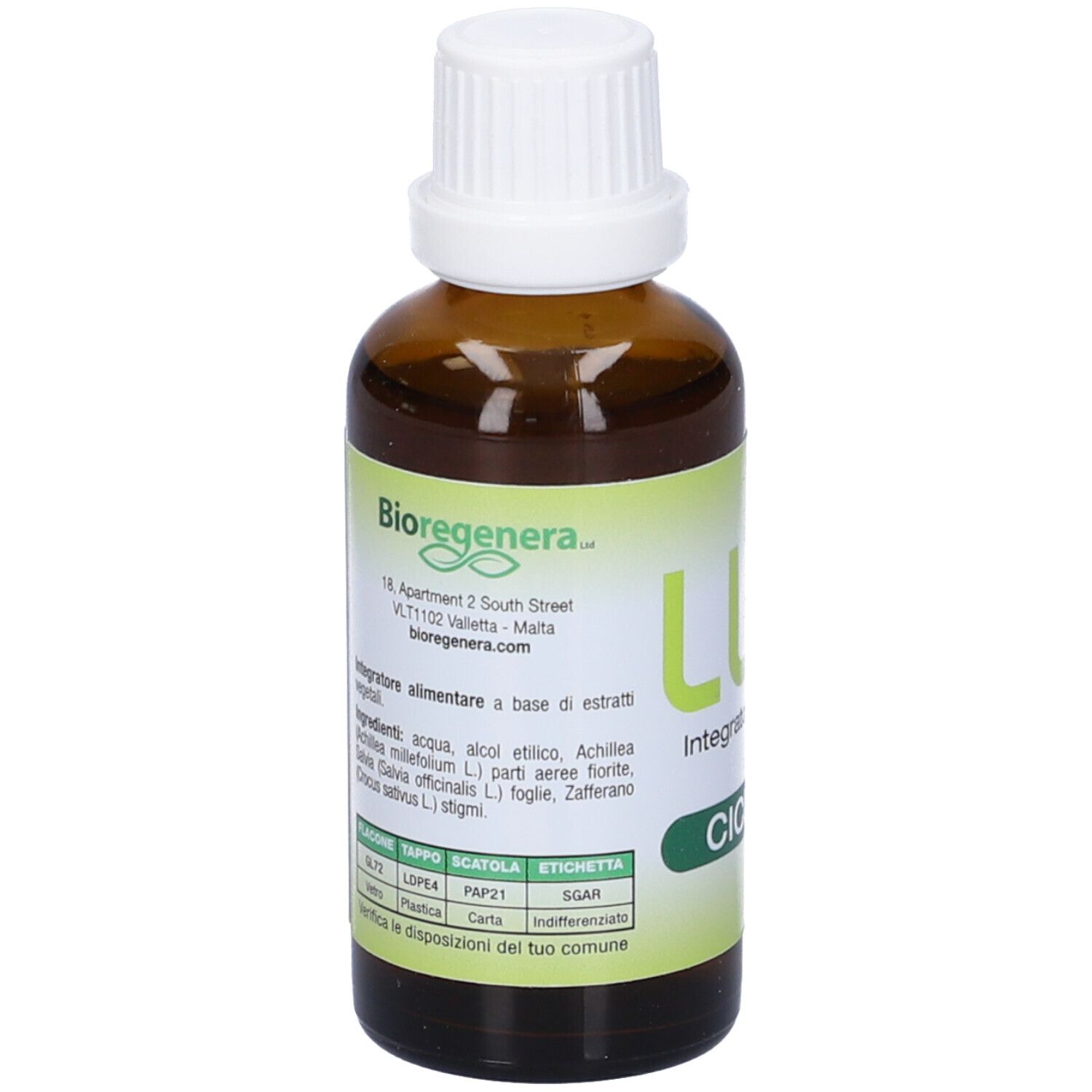 Flacone di vetro marrone con tappo bianco. Scritta: LUX, Integratore Alimentare, CICLOLUX. Etichetta con ingredienti.