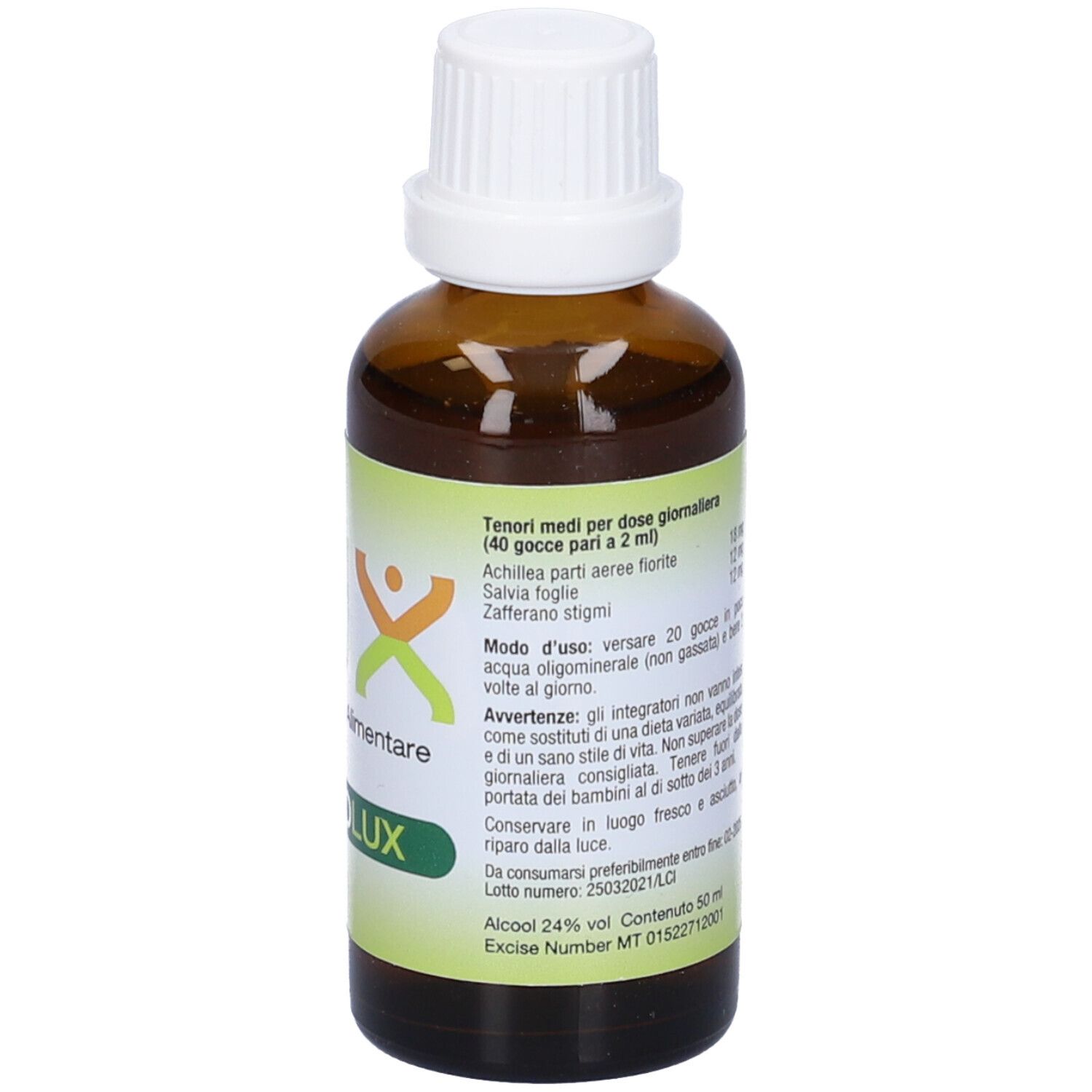 Flacone di vetro marrone con tappo bianco. Scritta: LUX, Integratore Alimentare, CICLOLUX. Etichetta con uso.