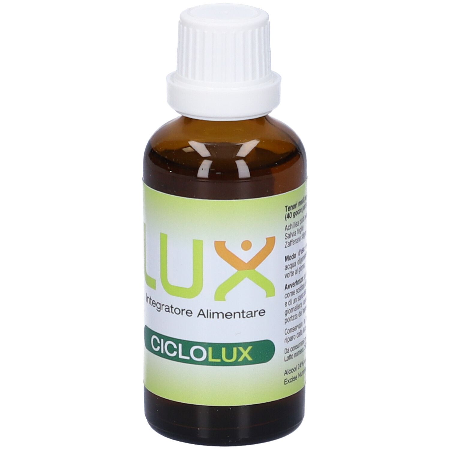 Flacone di vetro marrone con tappo bianco. Scritta: LUX, Integratore Alimentare, CICLOLUX.