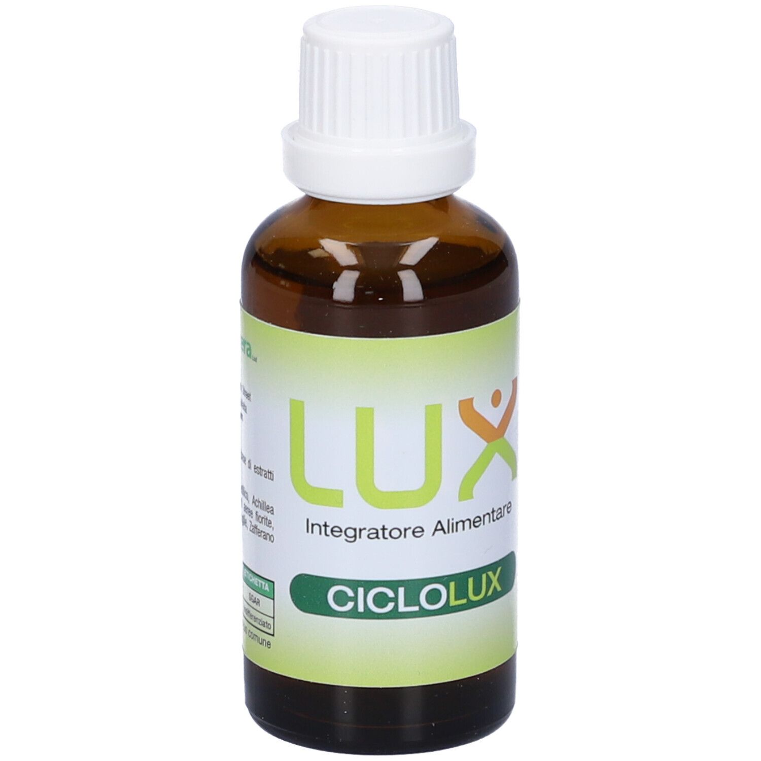 Flacone di vetro marrone con tappo bianco. Scritta: LUX, Integratore Alimentare, CICLOLUX.