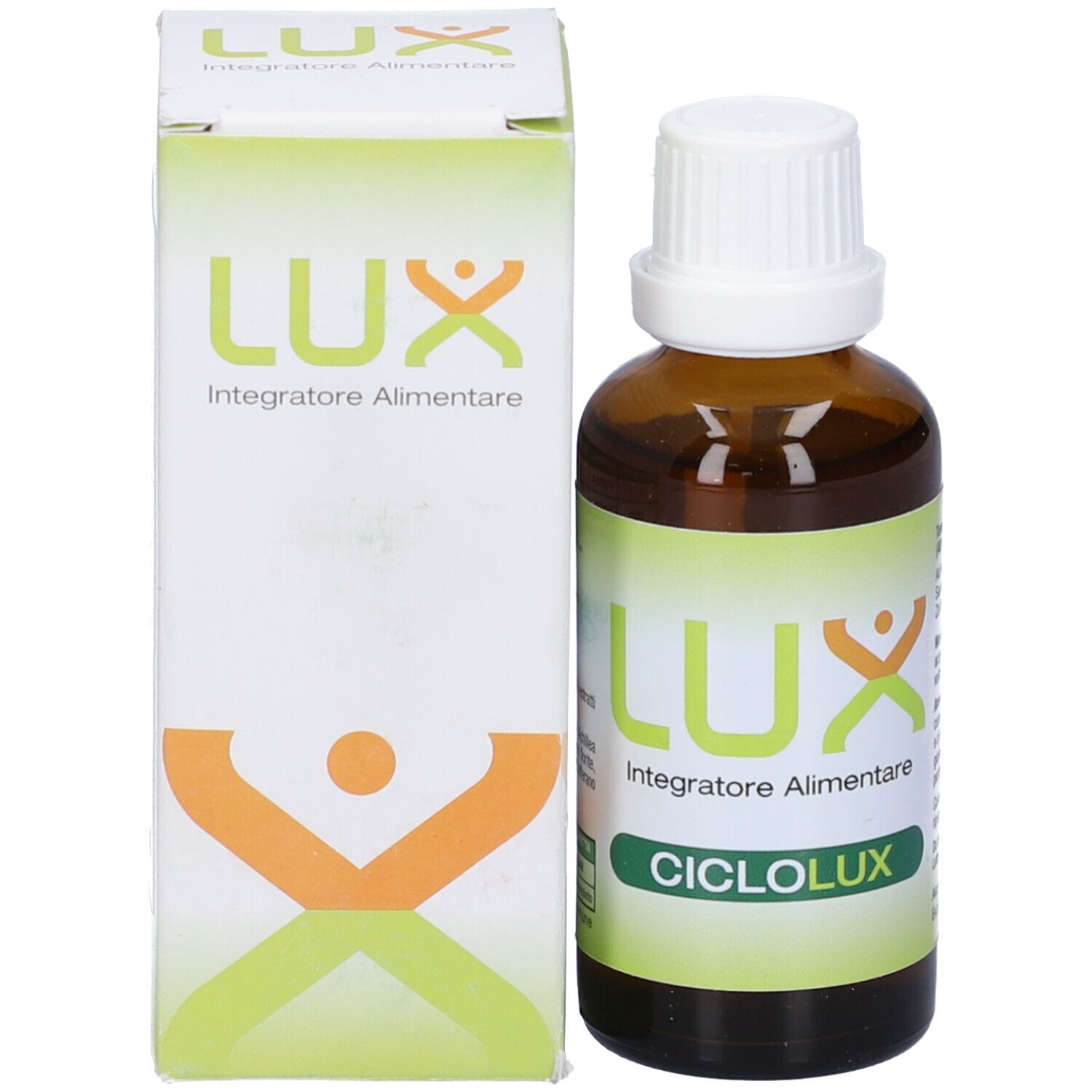 Flacone di vetro marrone e scatola. Scritta: LUX, Integratore Alimentare, CICLOLUX. Scatola bianca.