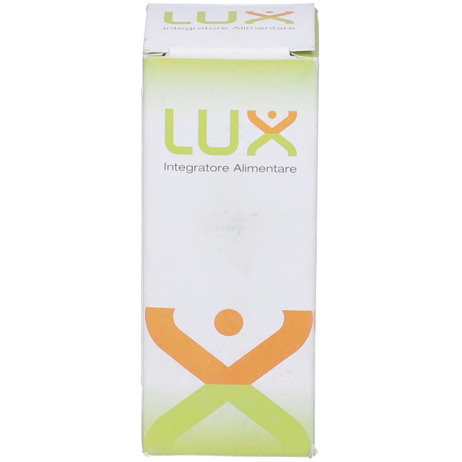 Scatola con stampa del prodotto. Scritta: LUX, Integratore Alimentare. Logo con figura.