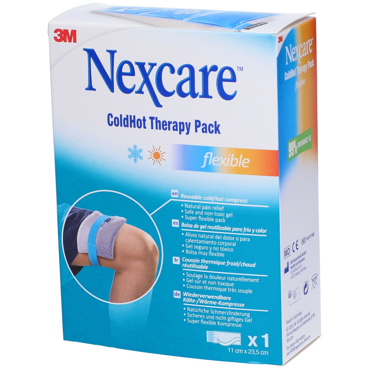 3M™ Nexcare™ ColdHot Therapy Pack Flexible. Confezione con immagine del prodotto. Dimensioni: 11 cm x 23,5 cm.