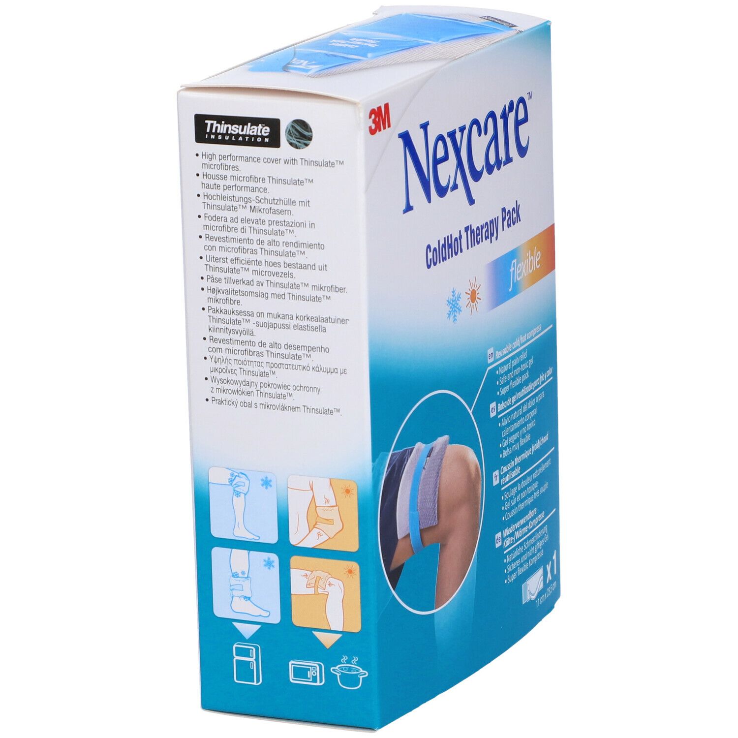 3M™ Nexcare™ ColdHot Therapy Pack Flexible. Confezione con immagine e caratteristiche del prodotto.