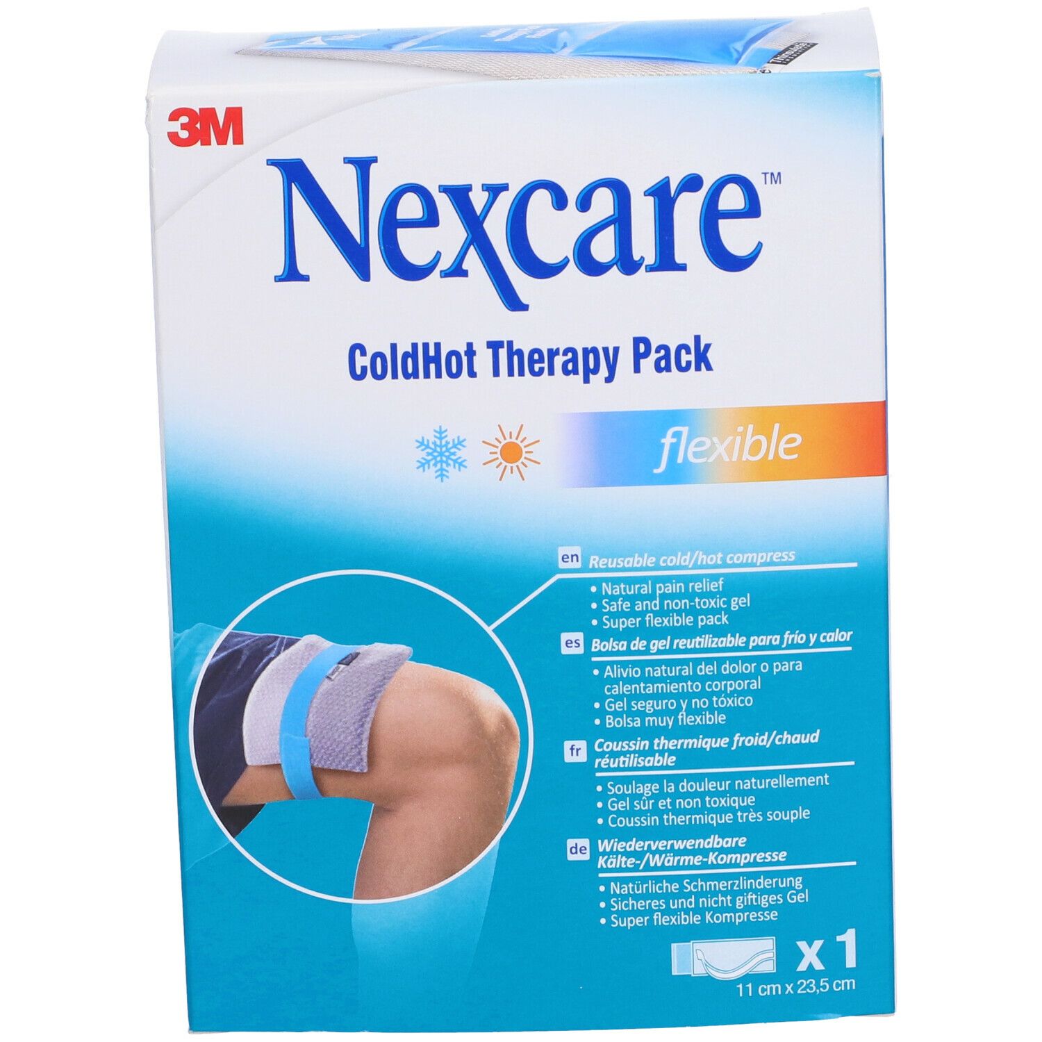 3M™ Nexcare™ ColdHot Therapy Pack Flexible. Confezione con immagine e caratteristiche. Dimensioni: 11 cm x 23,5 cm.