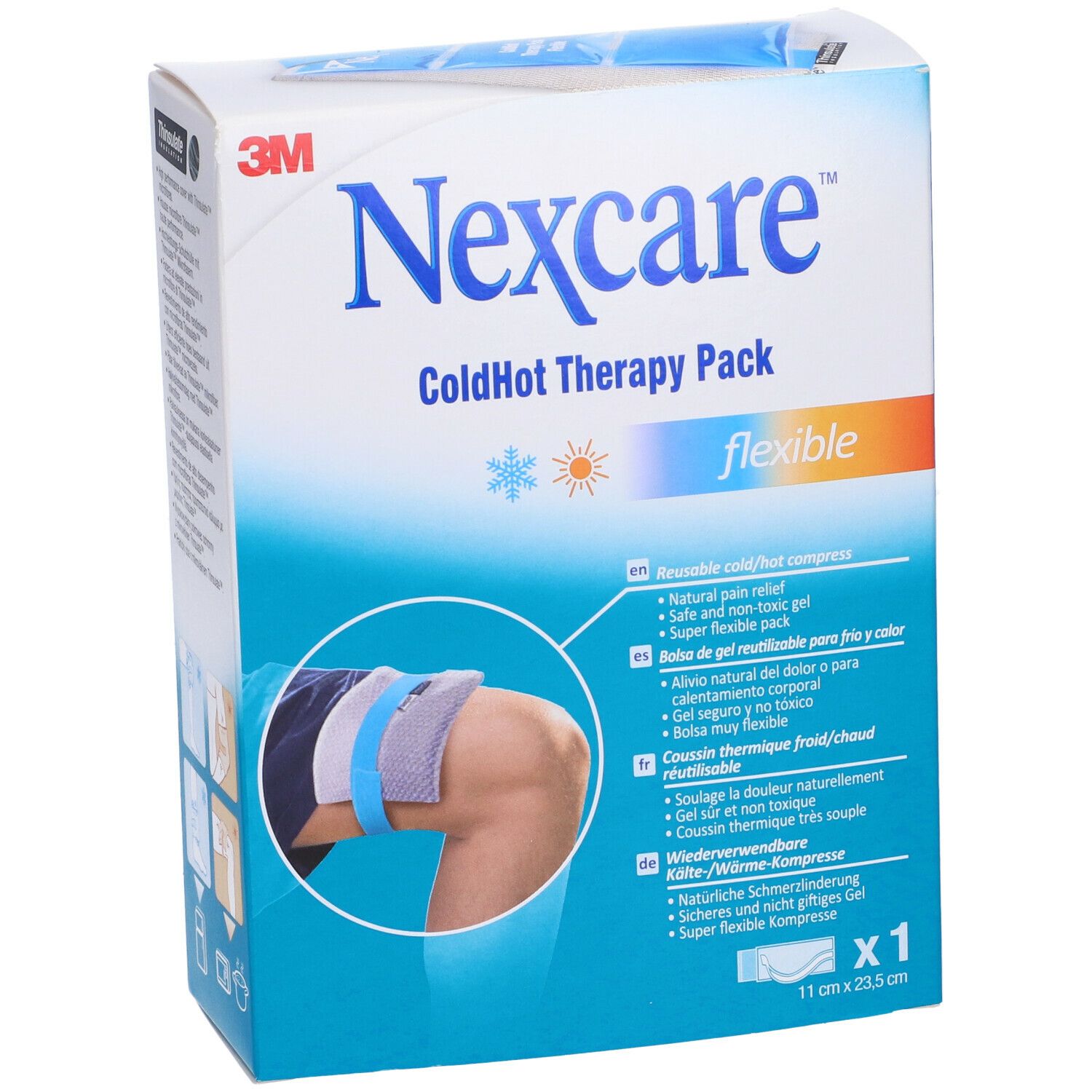 3M™ Nexcare™ ColdHot Therapy Pack Flexible. Confezione con immagine e caratteristiche. Dimensioni: 11 cm x 23,5 cm.