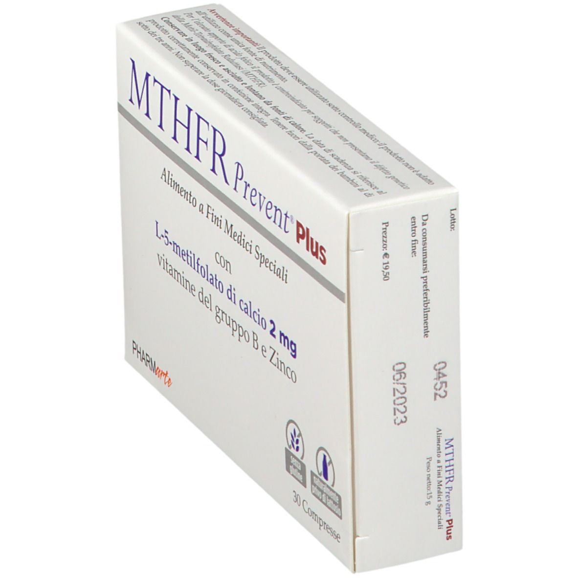 Scatola MTHFR Prevent Plus, angolata. Contiene L-5-metilfolato, vitamina B e zinco. 30 compresse. Data di scadenza.