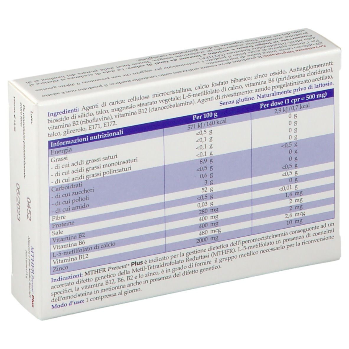 Retro della scatola MTHFR Prevent Plus. Contiene informazioni nutrizionali e ingredienti. 30 compresse. Senza glutine e lattosio.