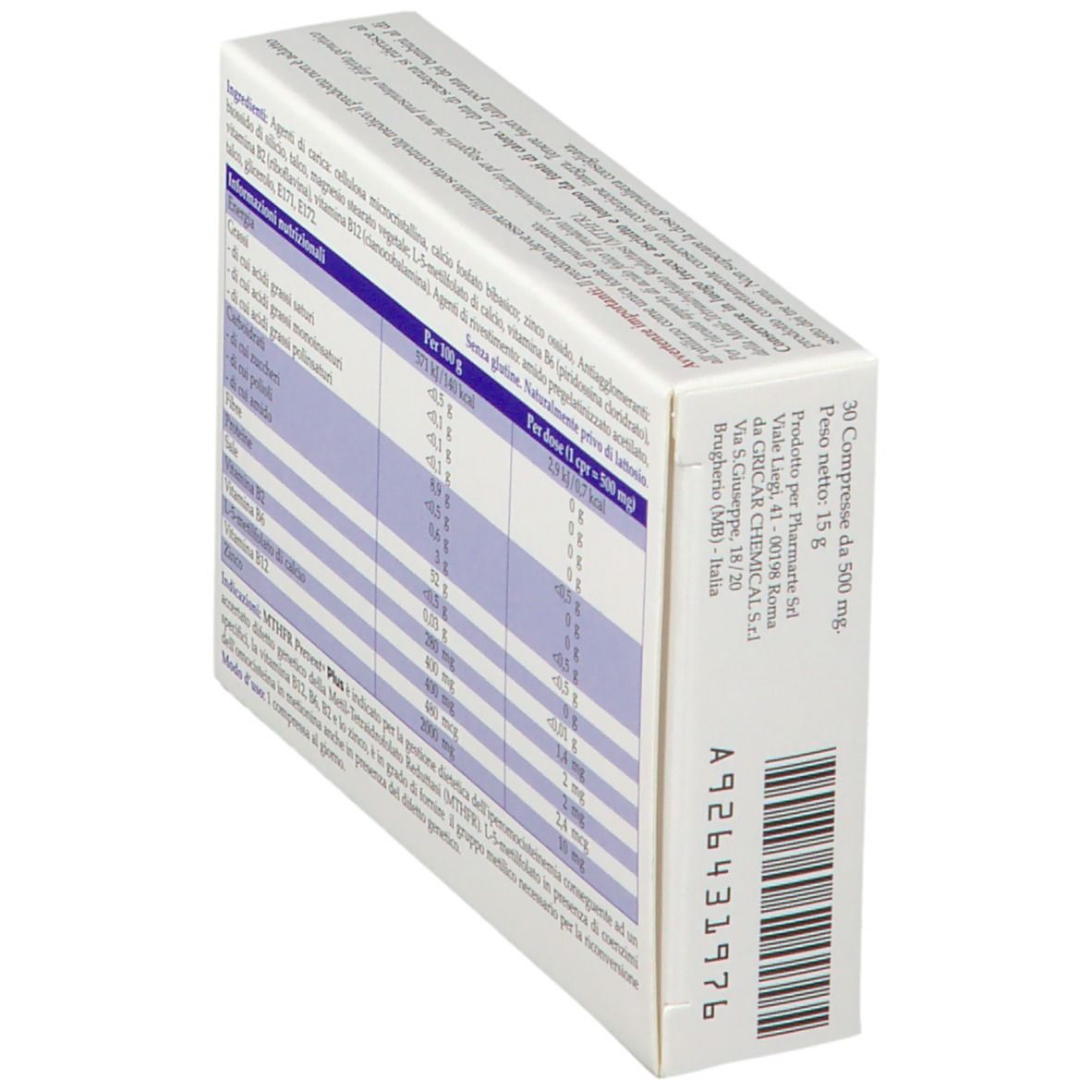 Scatola MTHFR Prevent Plus, angolata. Contiene informazioni nutrizionali e ingredienti. 30 compresse. Senza glutine e lattosio.