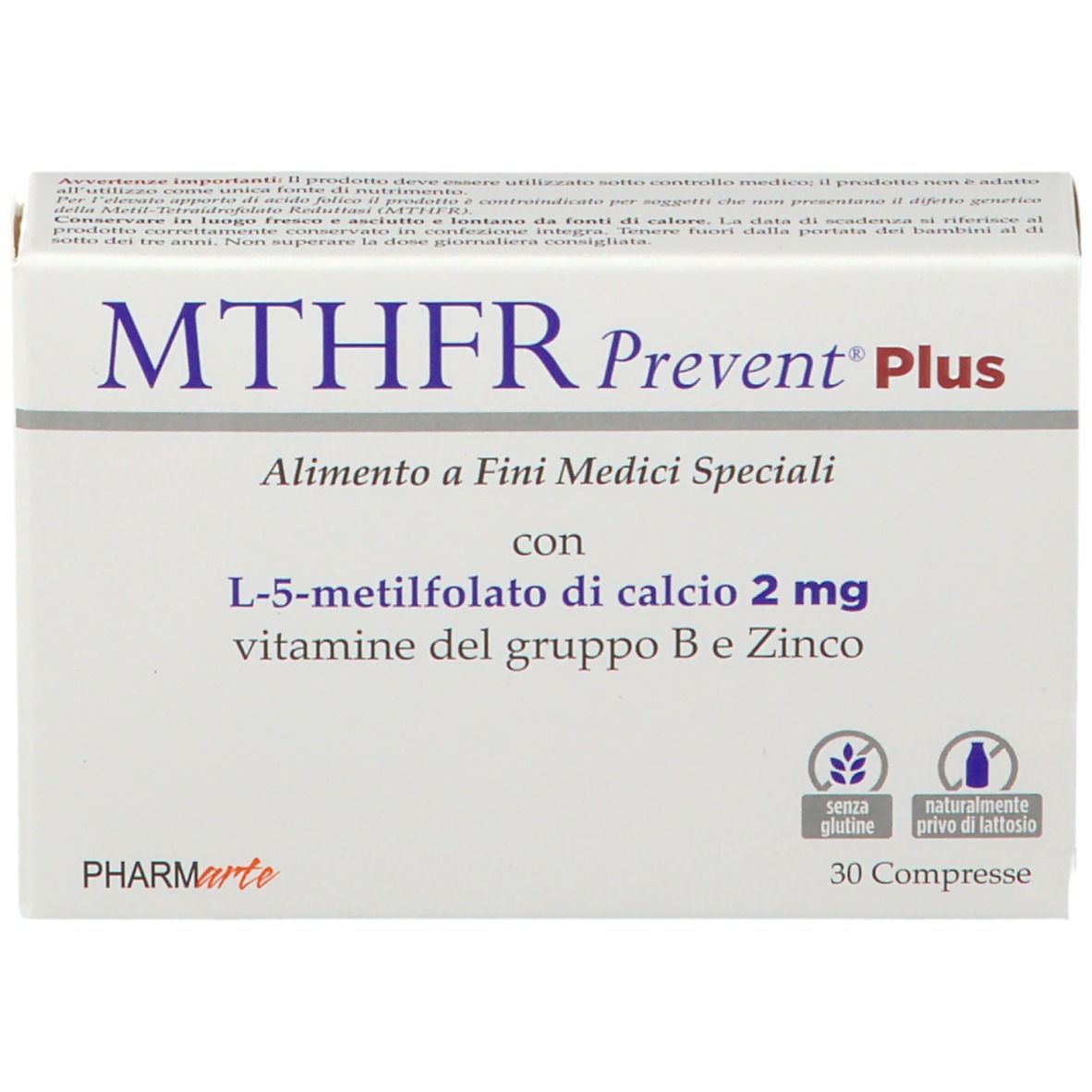 Scatola bianca MTHFR Prevent Plus. Contiene L-5-metilfolato, vitamina B e zinco. 30 compresse. Senza glutine e lattosio.