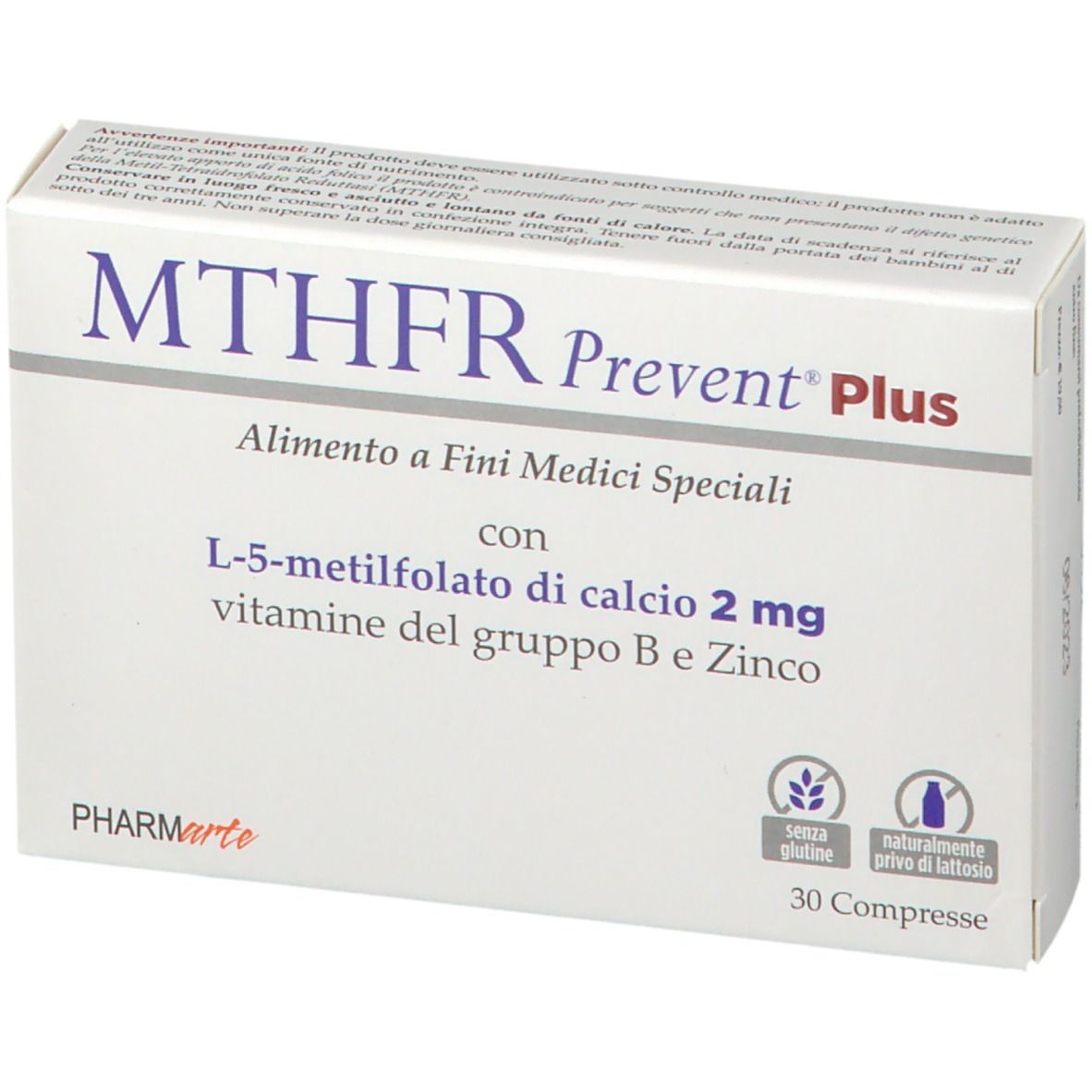 Scatola bianca MTHFR Prevent Plus. Contiene L-5-metilfolato, vitamina B e zinco. 30 compresse. Senza glutine e lattosio.