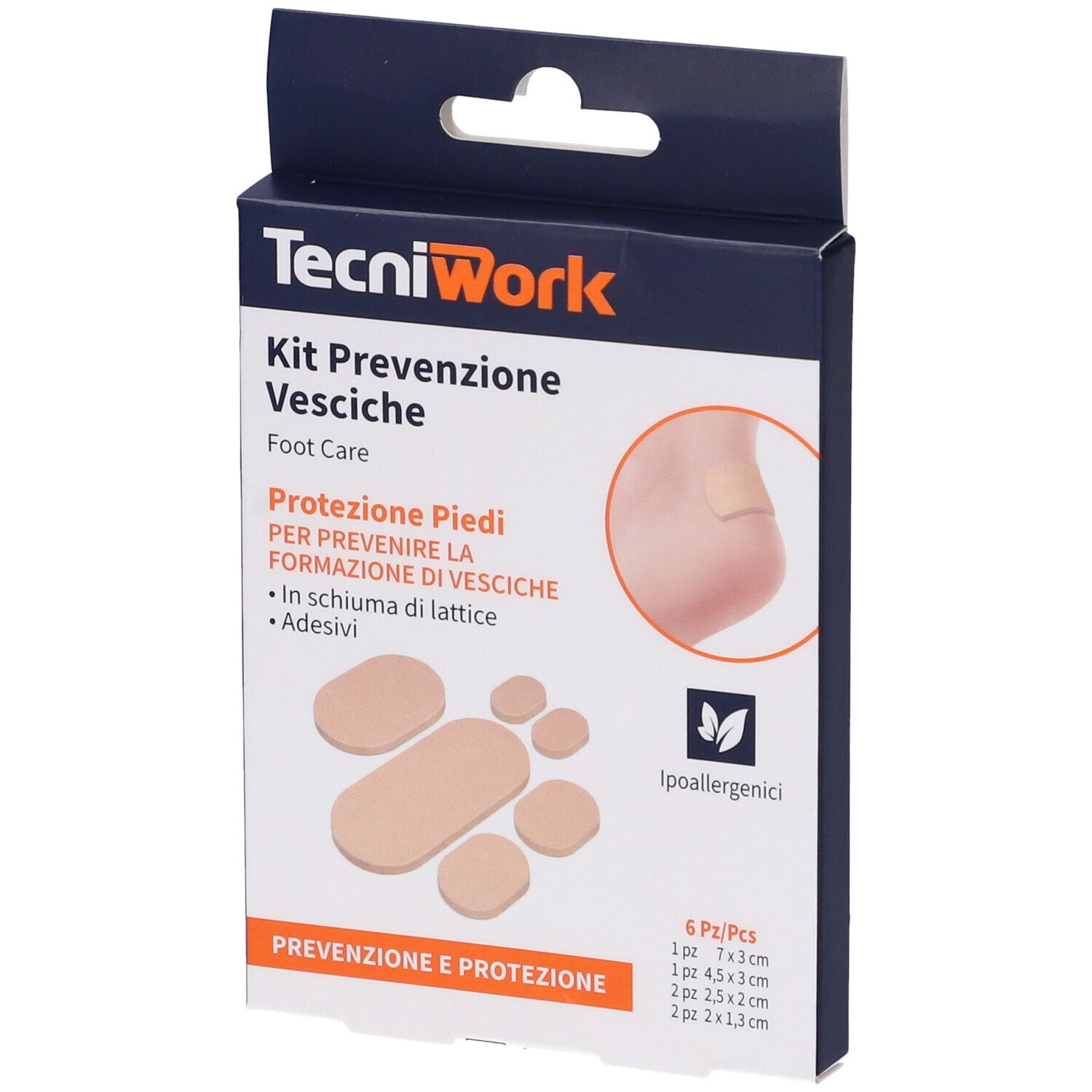 Confezione di cerotti per piedi. Sei cerotti di forme diverse. Marchio: TecniWork. Testo: Kit Prevenzione Vesciche.