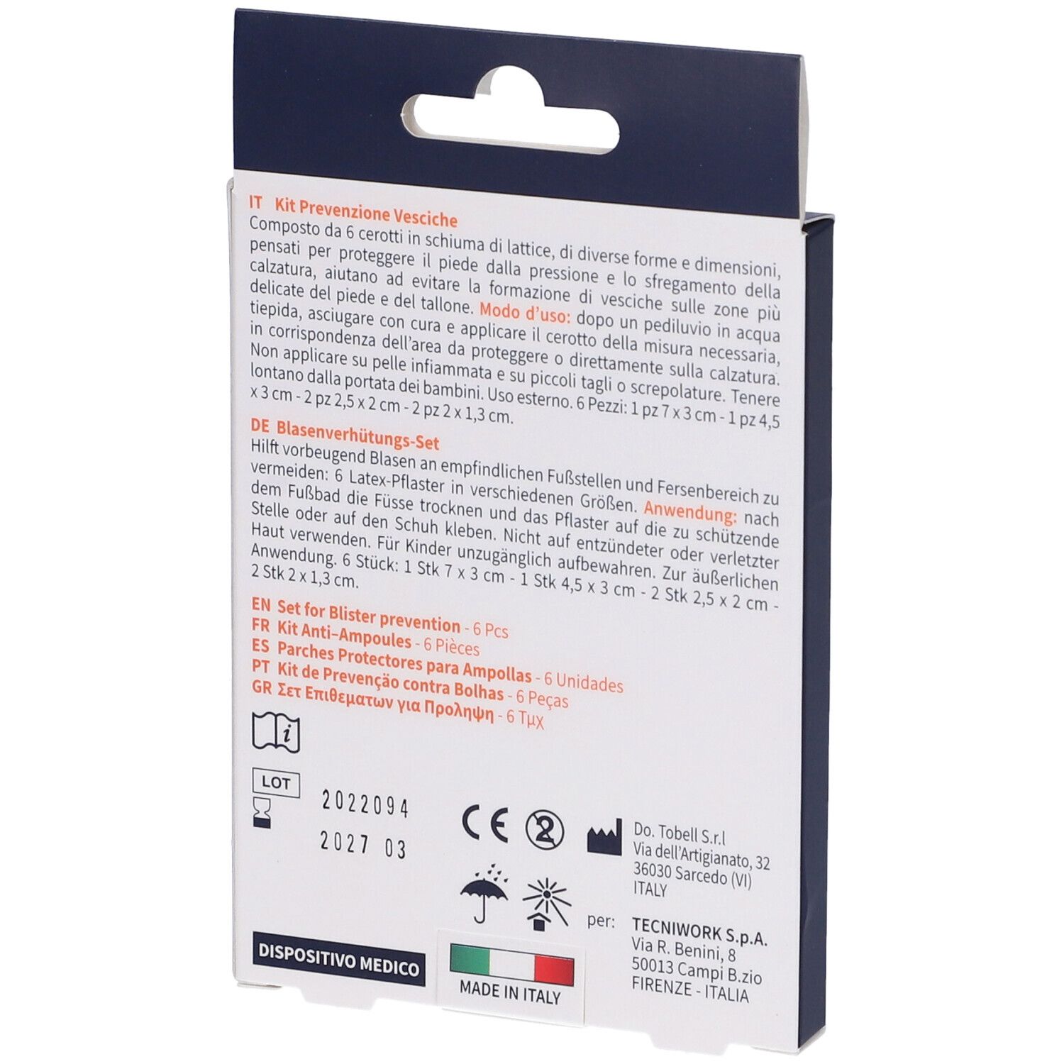 Retro della confezione con informazioni sui cerotti per piedi. Testo multilingue. Dispositivo medico.
