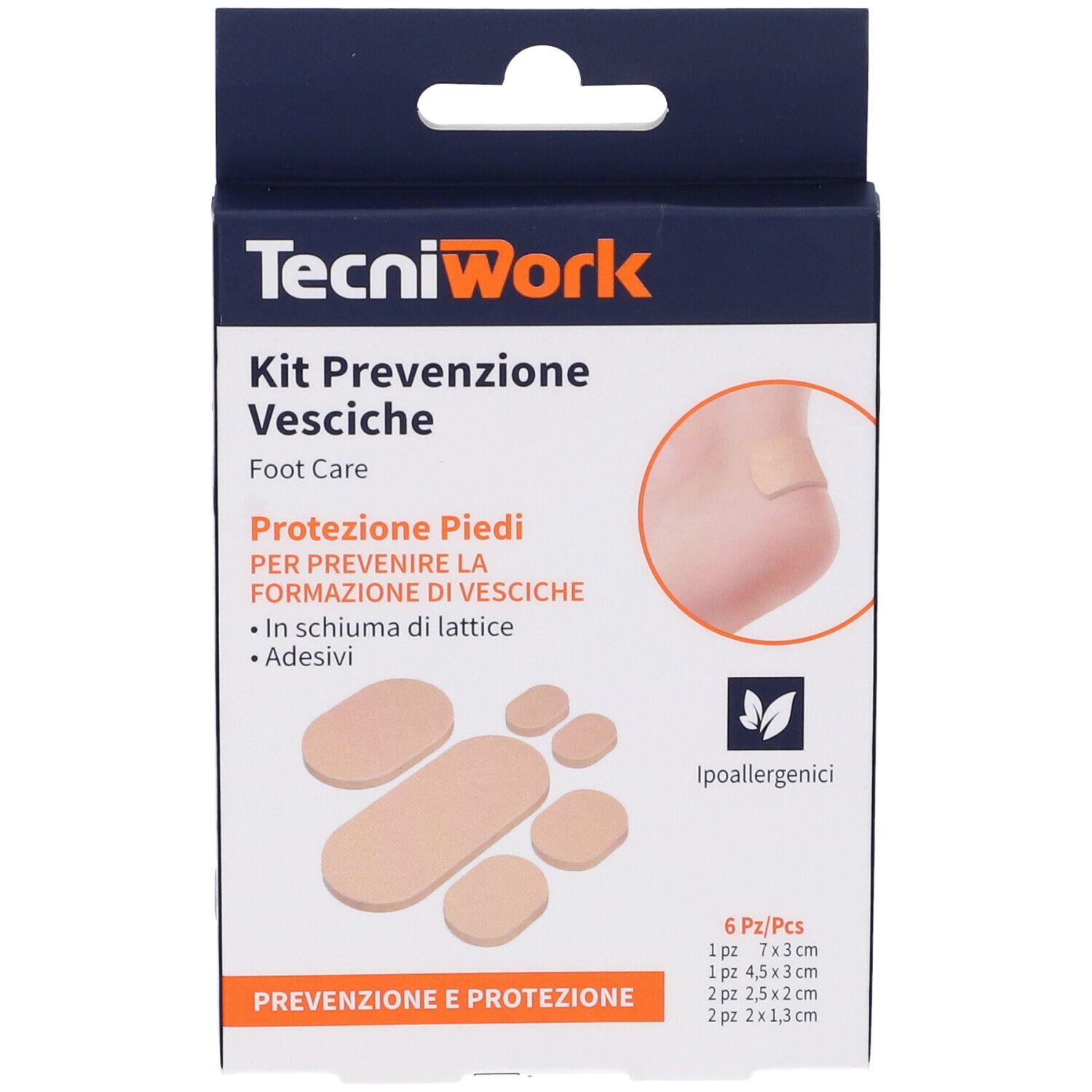 Confezione di cerotti per piedi. Sei cerotti di forme diverse. Marchio: TecniWork. Testo: Kit Prevenzione Vesciche.