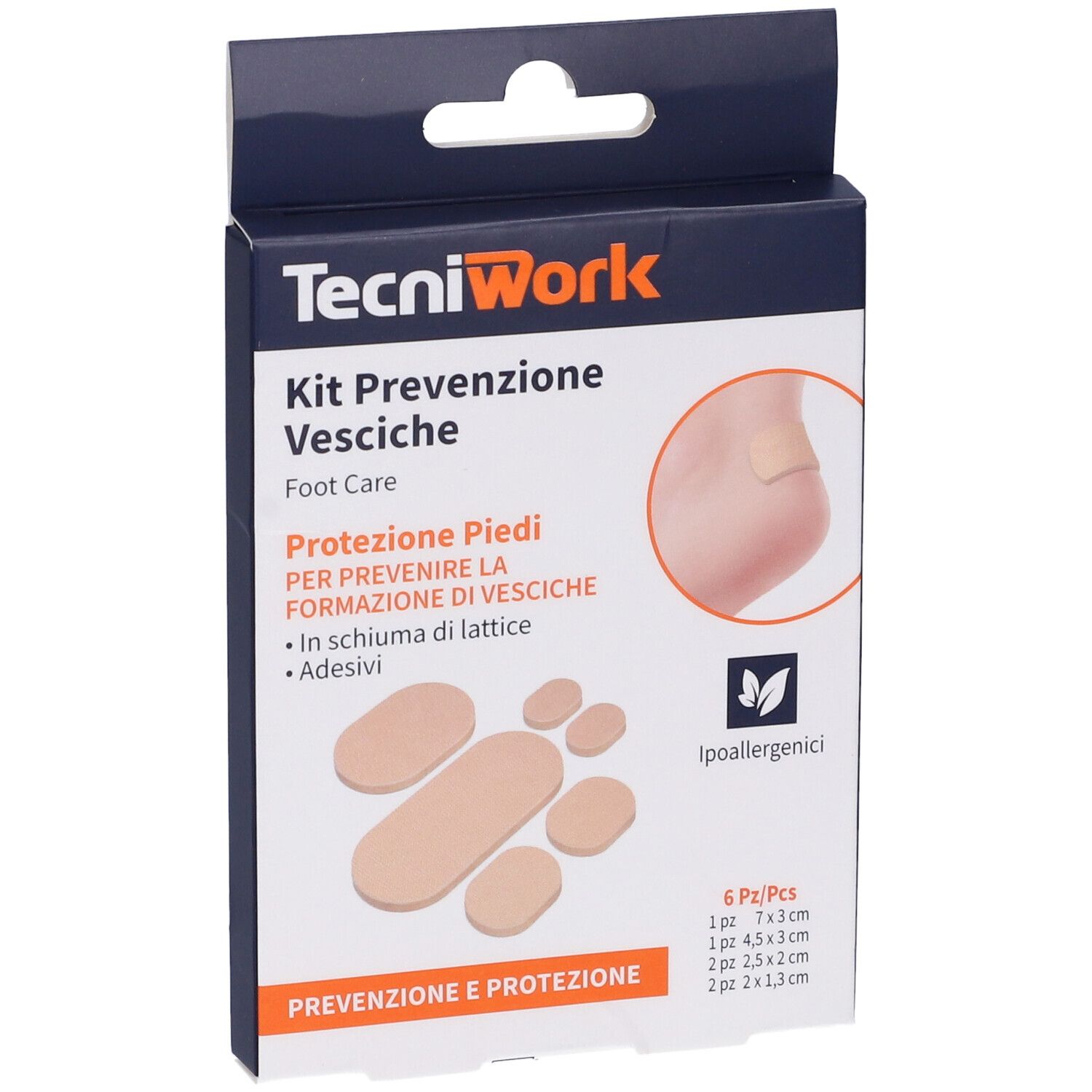 Confezione di cerotti per piedi. Sei cerotti di forme diverse. Marchio: TecniWork. Testo: Kit Prevenzione Vesciche.
