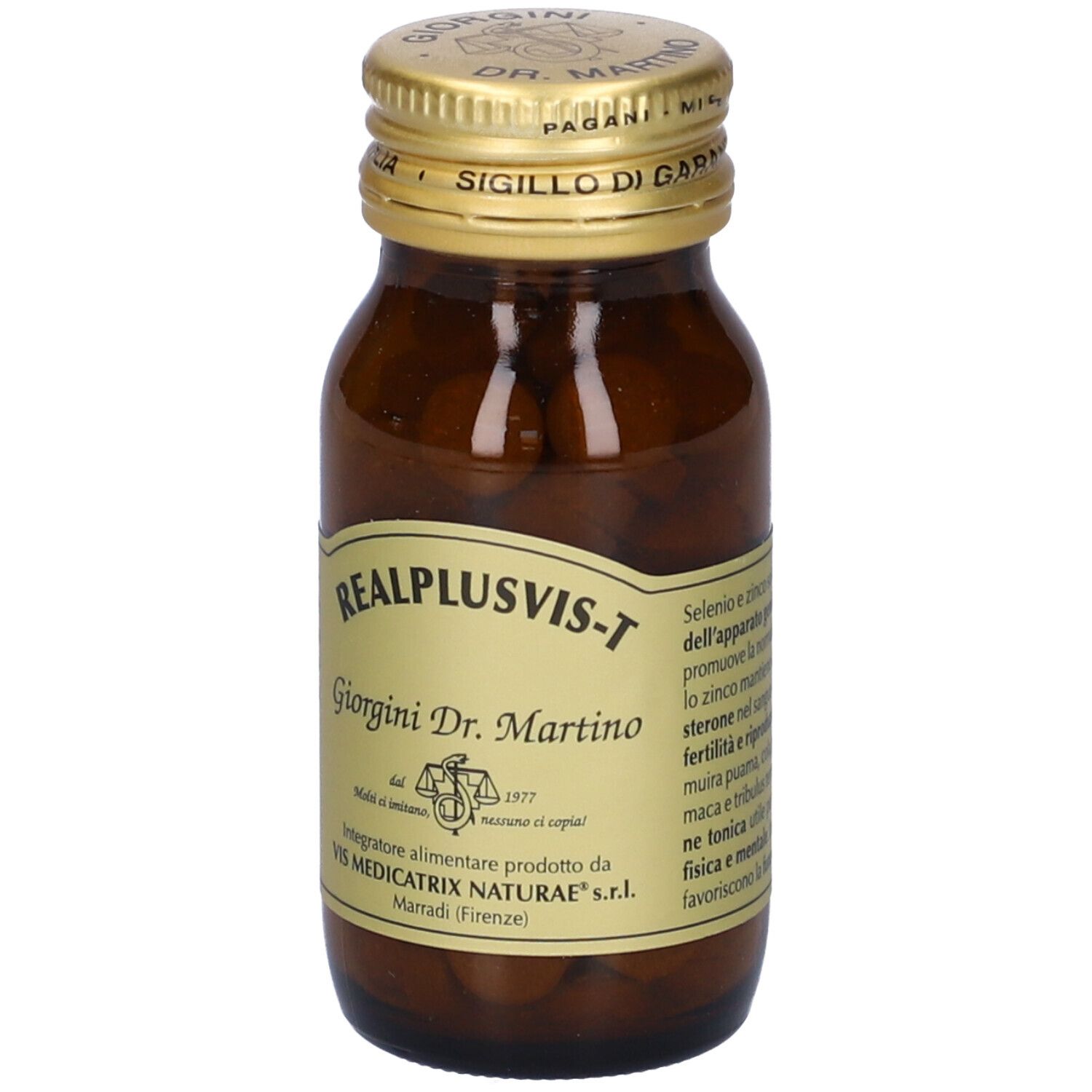 Flacone di vetro marrone con tappo dorato. Etichetta con informazioni sul prodotto. Compresse visibili.