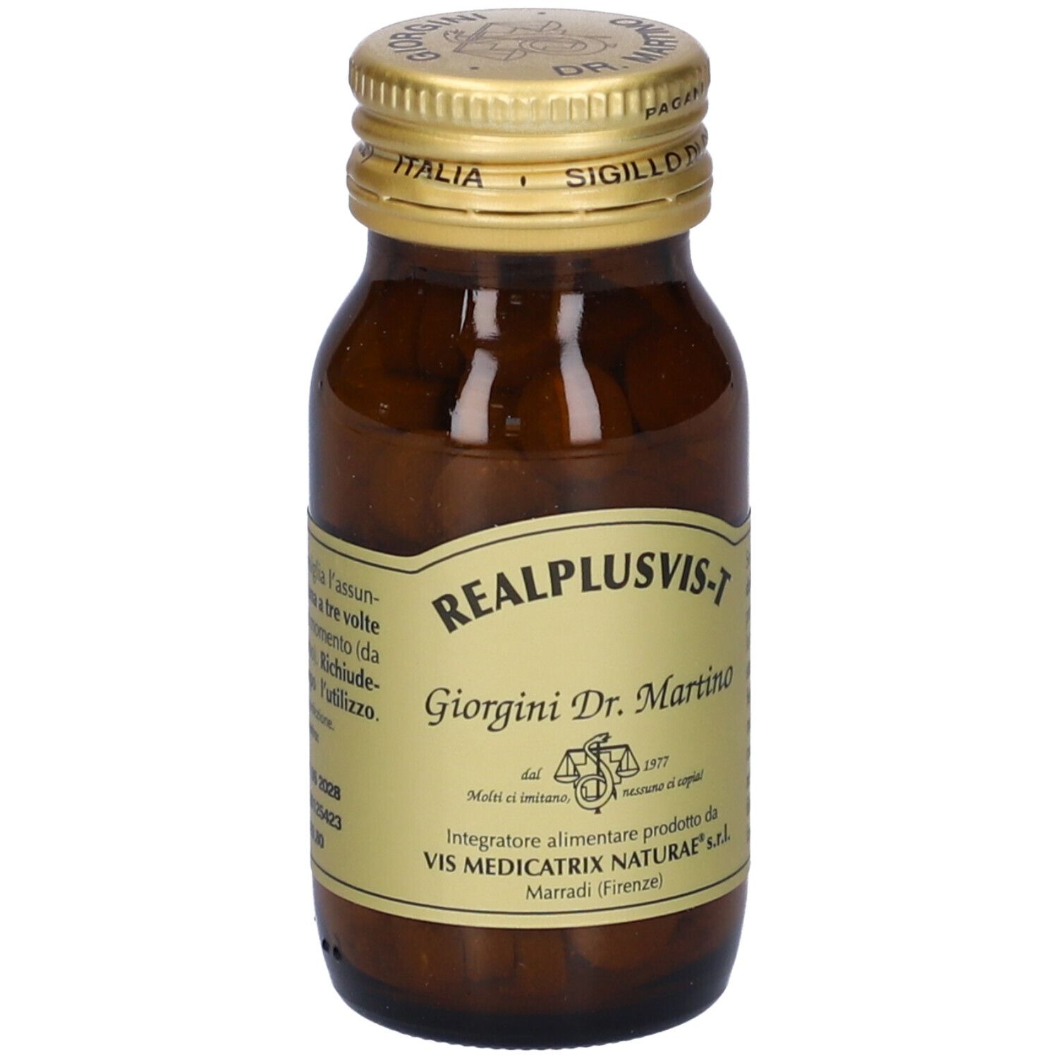 Flacone di vetro marrone con tappo dorato. Etichetta con informazioni sul prodotto. Compresse visibili.