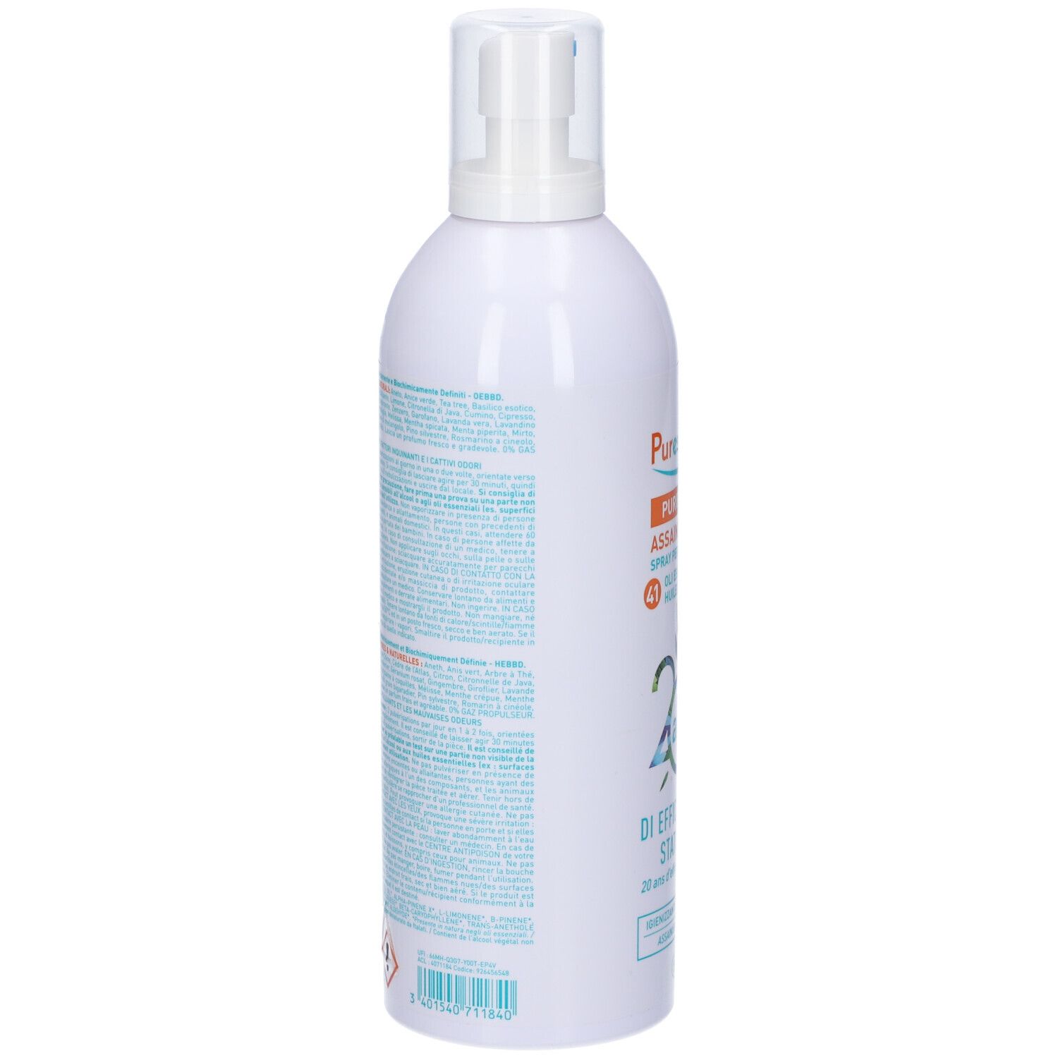 Weißes Spray, Seitenansicht. Text auf Türkis. Gefahrensymbole. 0% Treibmittel.