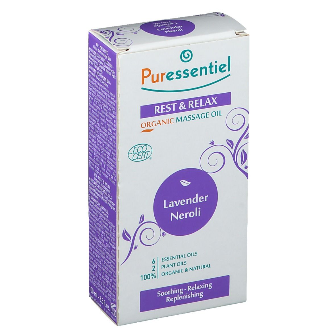 Scatola bianca con dettagli viola. Testo: "REST & RELAX ORGANIC MASSAGE OIL", "Lavender Neroli". Logo Ecocert. 6 oli essenziali.
