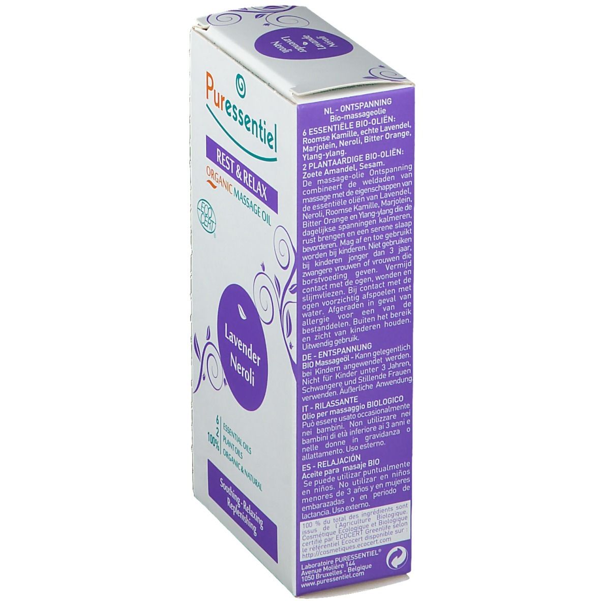 Scatola, vista laterale. Testo multilingue. "REST & RELAX ORGANIC MASSAGE OIL", "Lavender Neroli". Logo Ecocert. Ingredienti.