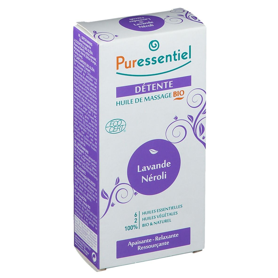 Scatola bianca con dettagli viola. Testo: "DÉTENTE HUILE DE MASSAGE BIO", "Lavanda Neroli". Logo Ecocert. 6 oli essenziali.