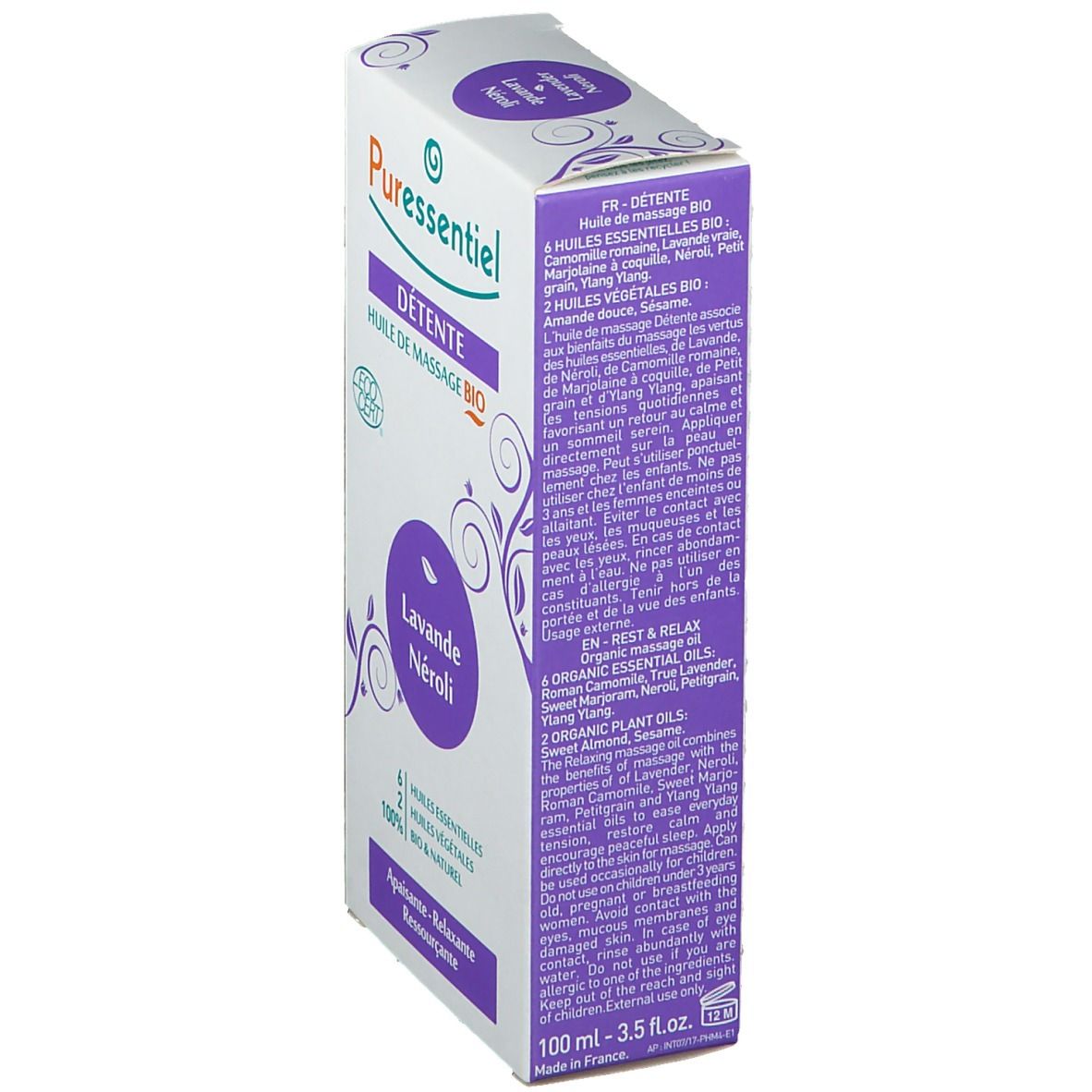 Scatola, vista laterale. Testo multilingue. "DÉTENTE HUILE DE MASSAGE BIO", "Lavanda Neroli". Logo Ecocert. Ingredienti.