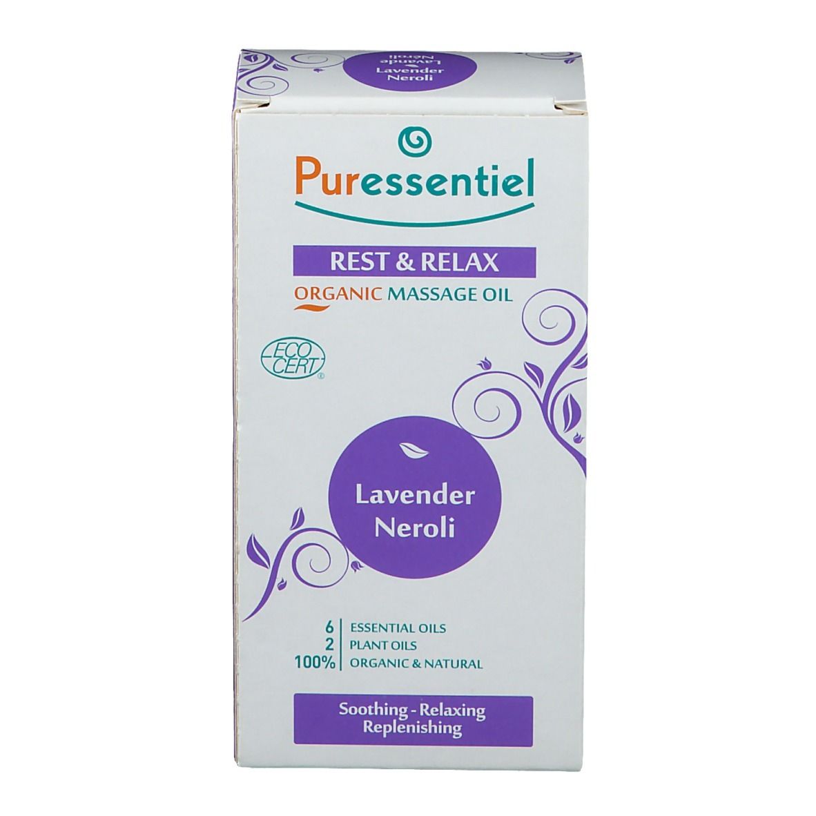 Scatola bianca con dettagli viola. Testo: "REST & RELAX ORGANIC MASSAGE OIL", "Lavender Neroli". Logo Ecocert. 6 oli essenziali.