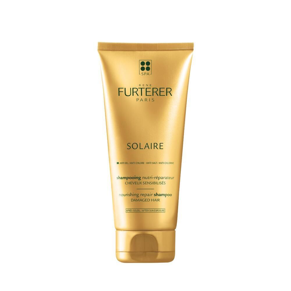 Goldfarbene Tube mit Shampoo. Aufschrift: Solaire, Rene Furterer Paris. Für sonnengeschädigtes Haar.