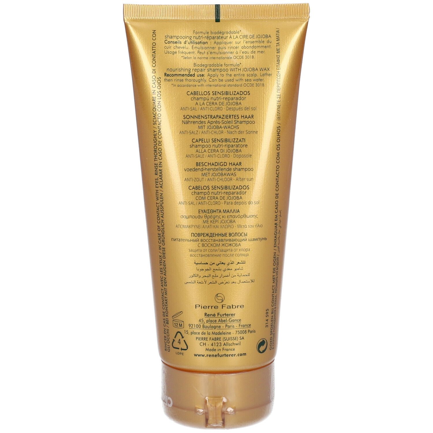 Rückseite der Shampoo-Tube. Mehrsprachige Produktinformationen. Rene Furterer Paris. 200 ml.