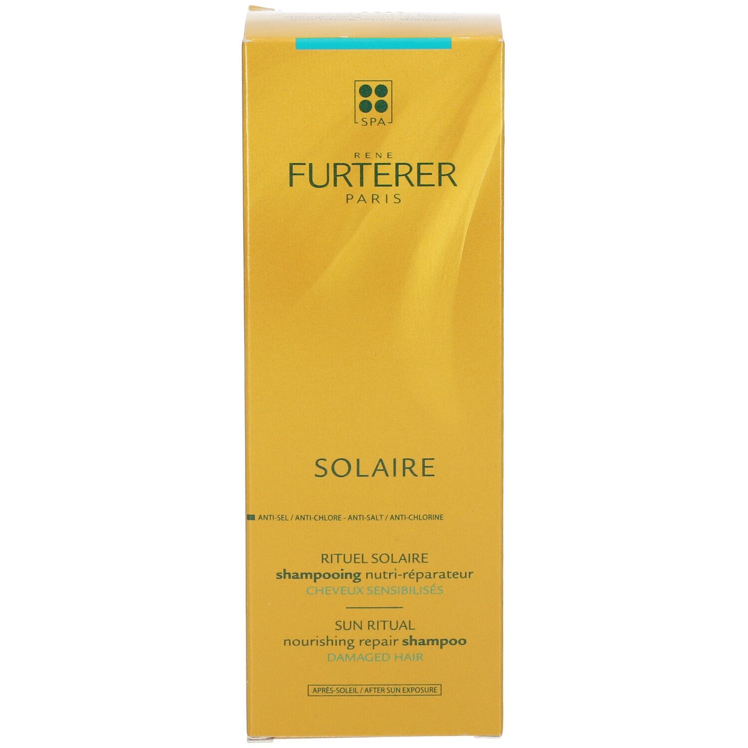Goldfarbene Schachtel mit Shampoo. Aufschrift: Solaire, Rene Furterer Paris. Für sonnengeschädigtes Haar.