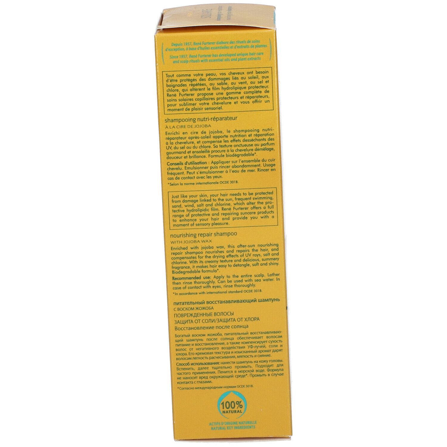Rückseite der Shampoo-Schachtel. Mehrsprachige Produktinformationen. Rene Furterer Paris. 100% natürlich.