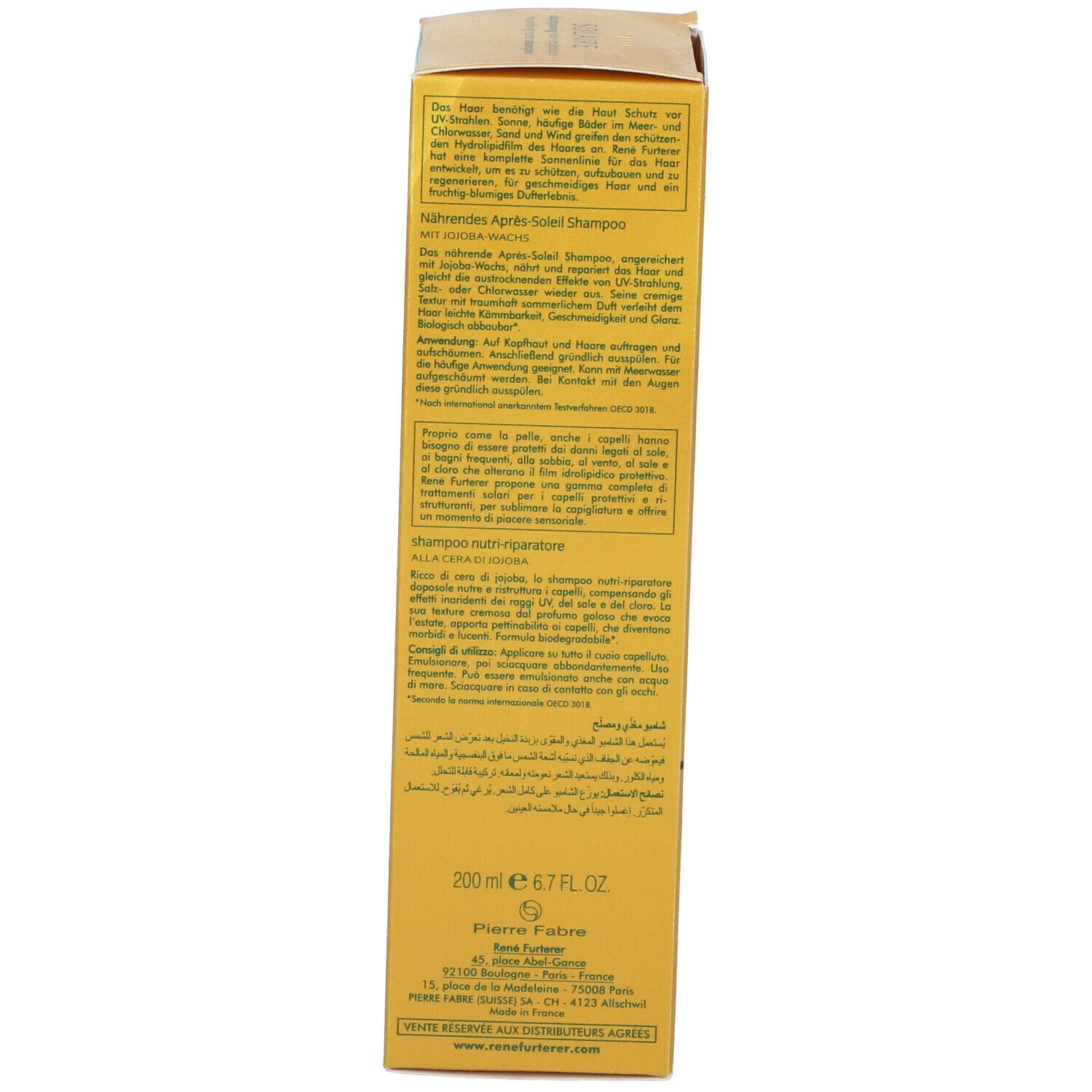 Rückseite der Shampoo-Schachtel. Mehrsprachige Produktinformationen. Rene Furterer Paris. 200 ml.