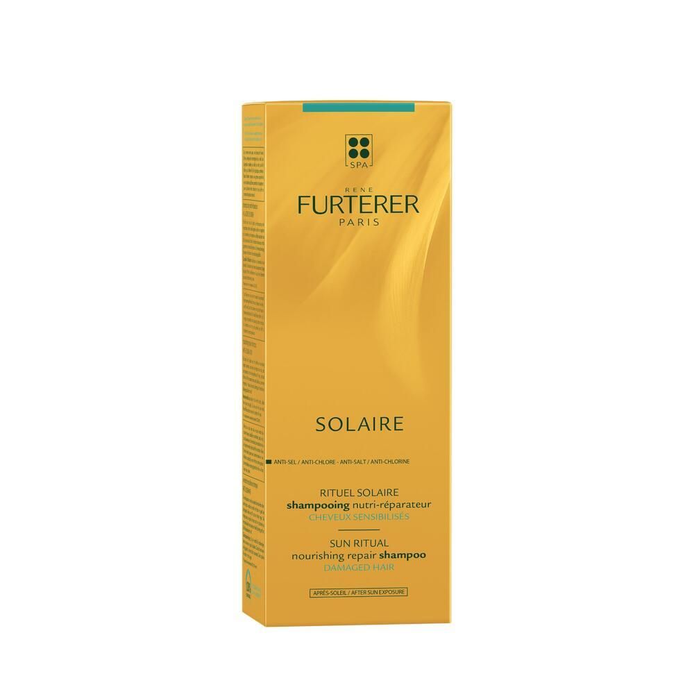 Goldfarbene Schachtel mit Shampoo. Aufschrift: Solaire, Rene Furterer Paris. Für sonnengeschädigtes Haar.