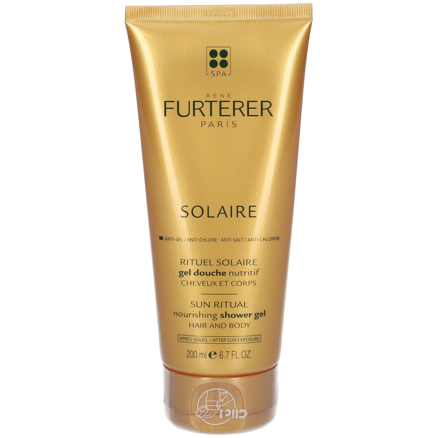 Goldfarbene Tube mit "FURTERER" und "SOLAIRE" Schriftzug. "RITUEL SOLAIRE" und "SUN RITUAL" sind ebenfalls sichtbar. Volumen: 200 ml.