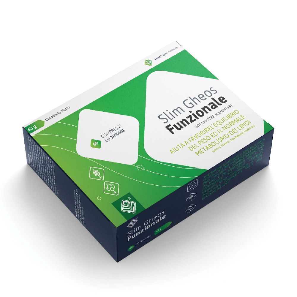 Scatola "Slim Gheos Funzionale". Design verde e bianco. Testo: "COMPRESSE DA 120MG".
