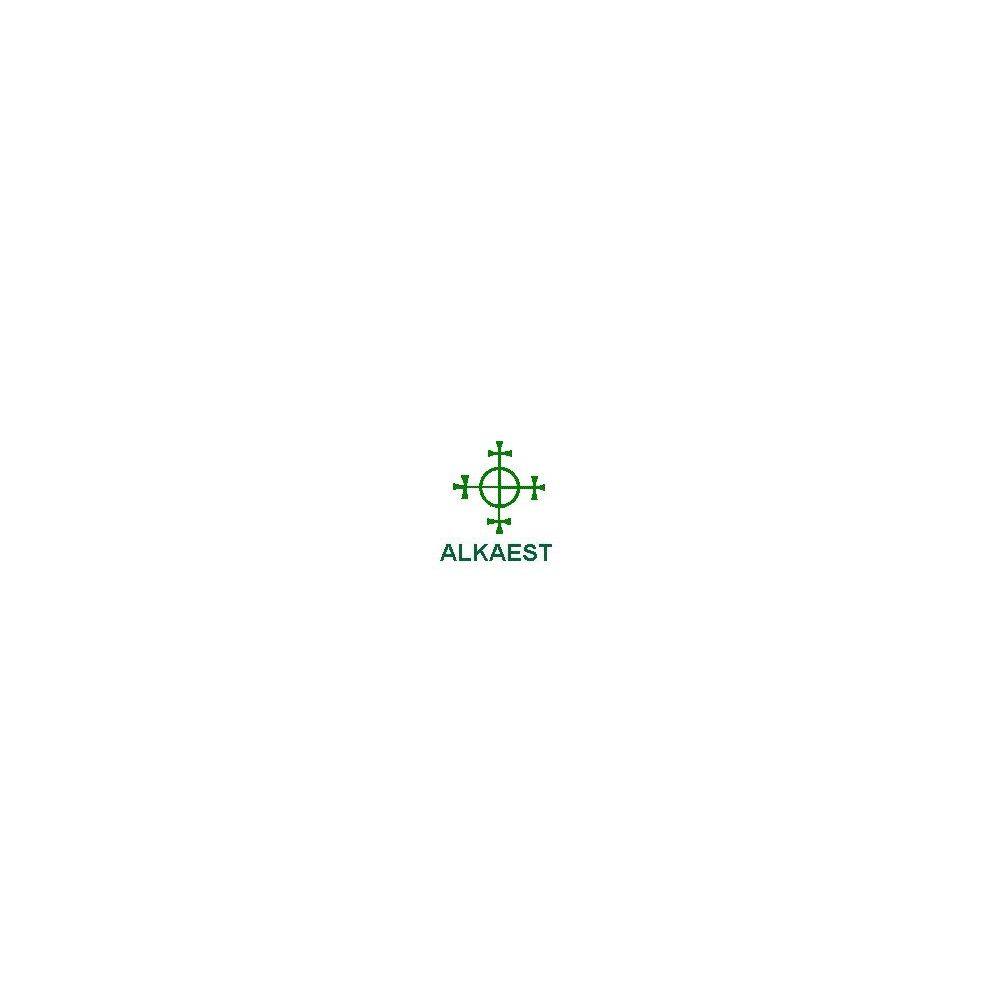 Logo verde con simbolo a croce e la scritta "ALKAEST" sotto. Su sfondo bianco.