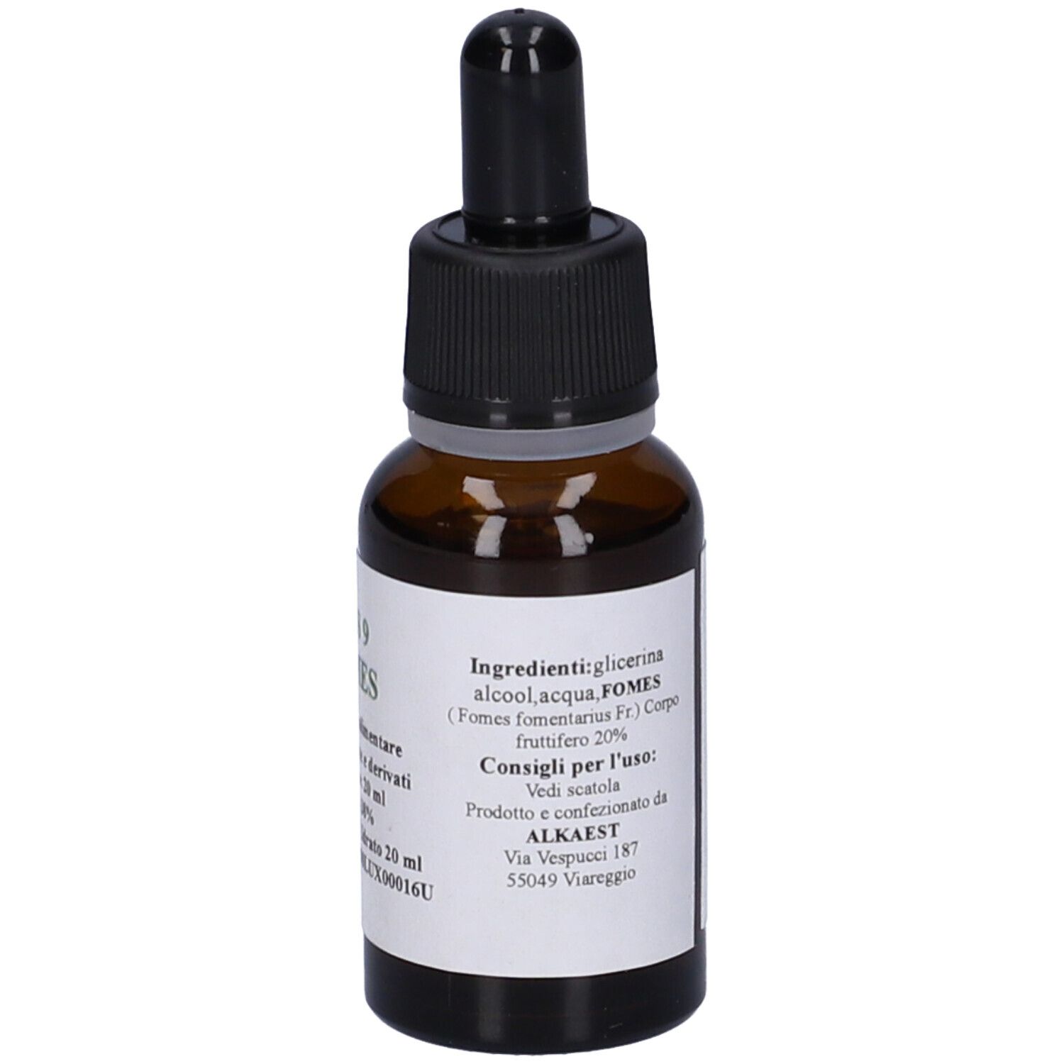 Flacone di vetro marrone con contagocce nero. Etichetta con ingredienti e informazioni produttore.