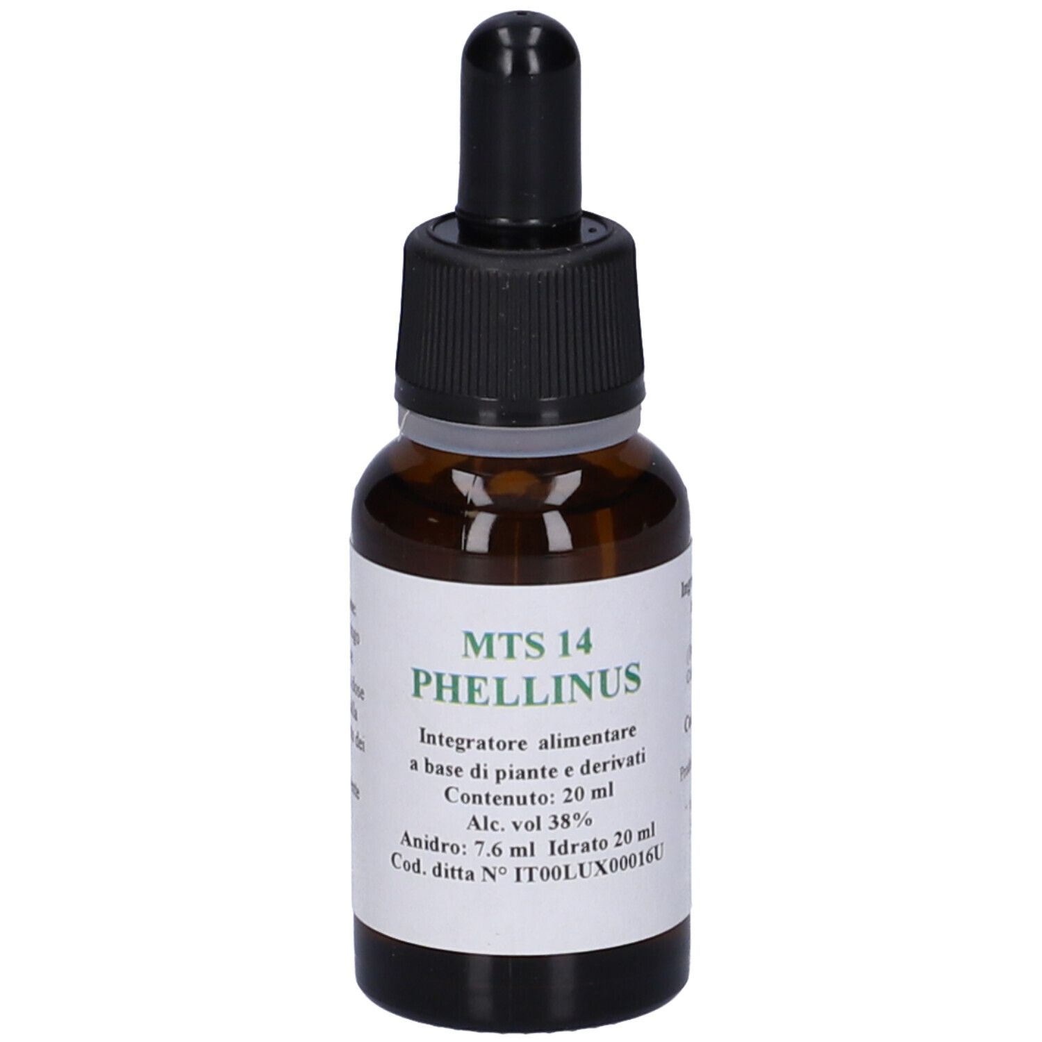 Flacone di vetro marrone con tappo nero e contagocce. Etichetta con testo: MTS 14 Phellinus, contenuto 20 ml.