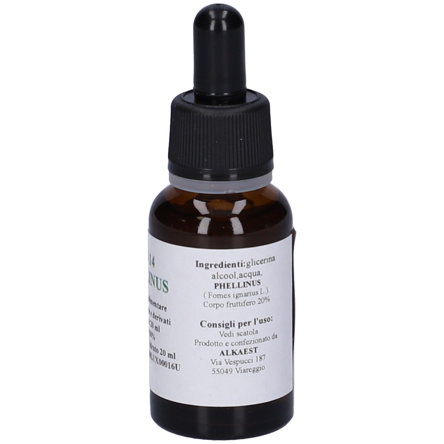 Flacone di vetro marrone con tappo nero e contagocce. Etichetta con testo: Ingredienti, alcool, acqua.
